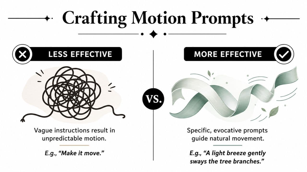 A comparison infographic showing how to write effective motion prompts for AI video tools versus vague ones.