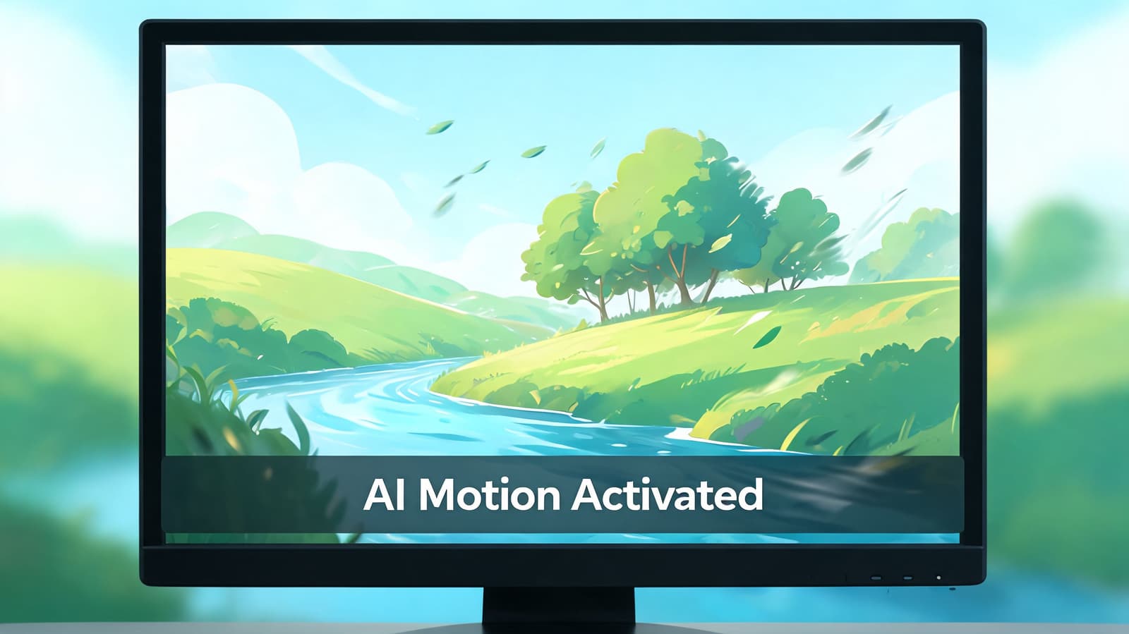 A modern computer monitor displaying a digital illustration of a peaceful nature landscape with moving leaves.