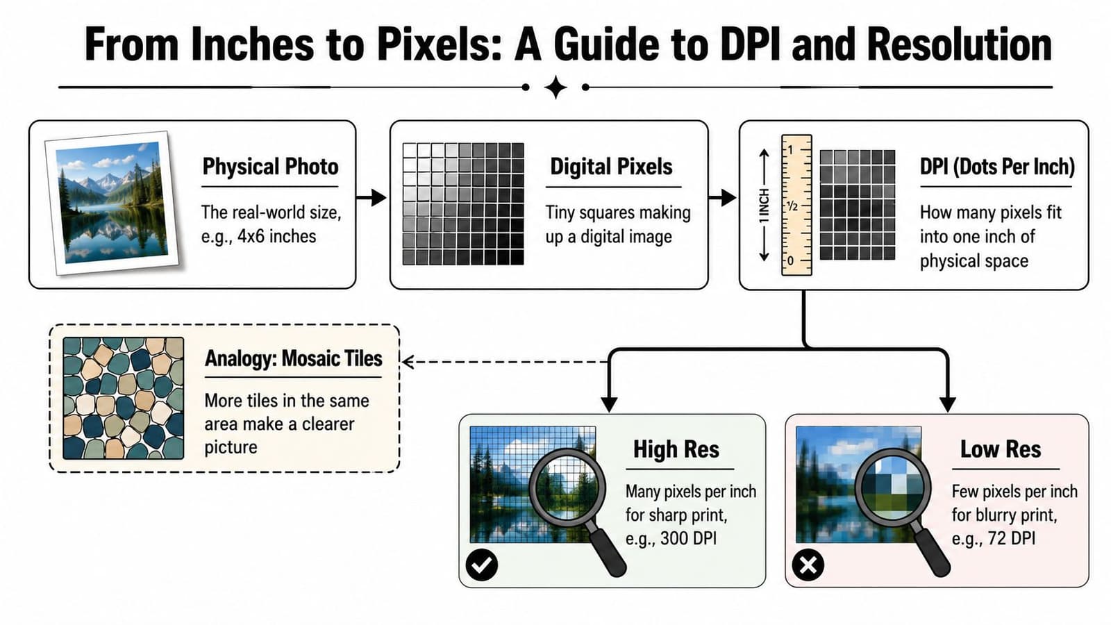 An infographic explaining how physical photo dimensions relate to digital pixels, resolution, and dots per inch.
