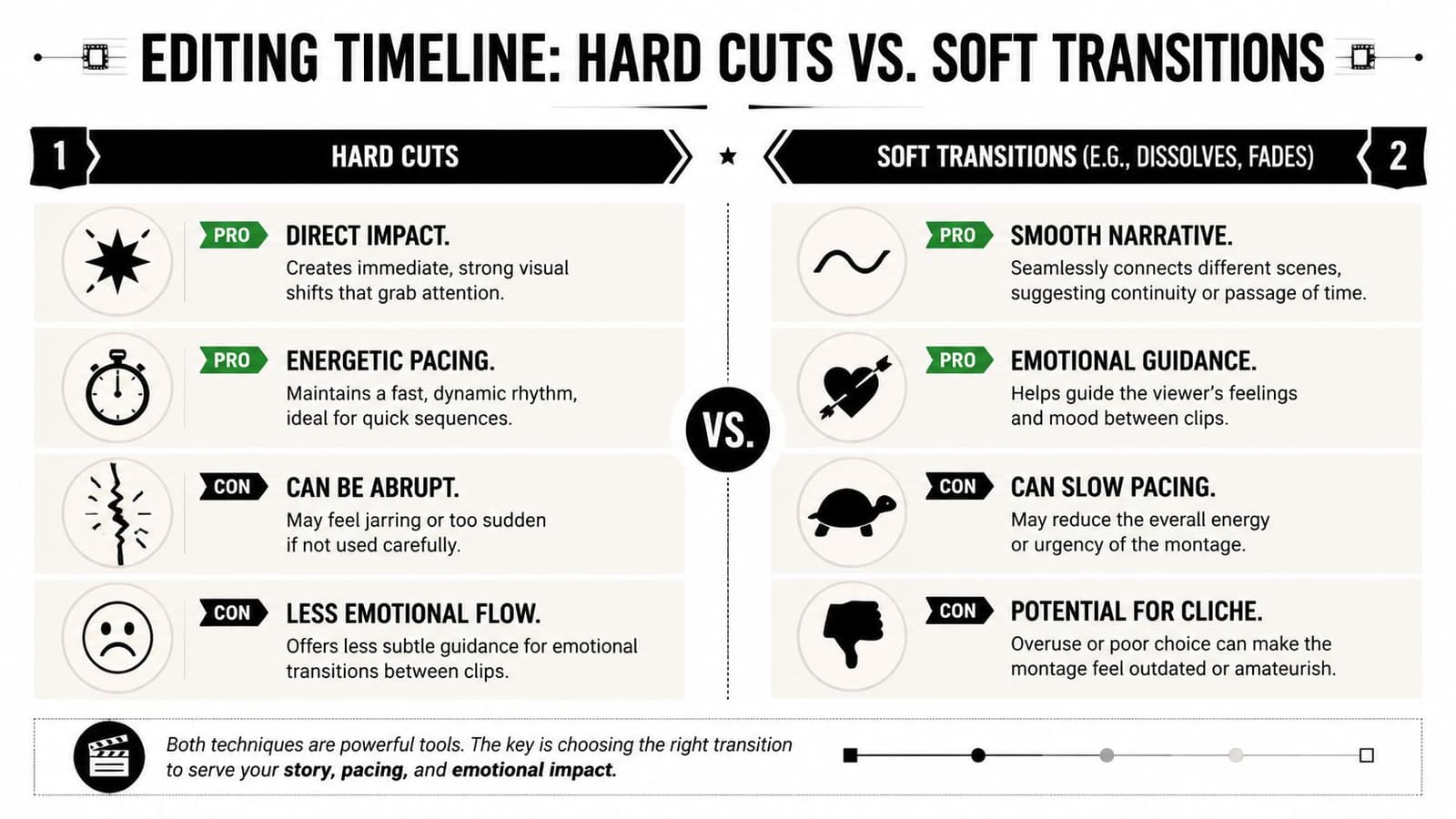 An infographic comparing hard cuts and soft transitions in film editing with pros and cons listed.