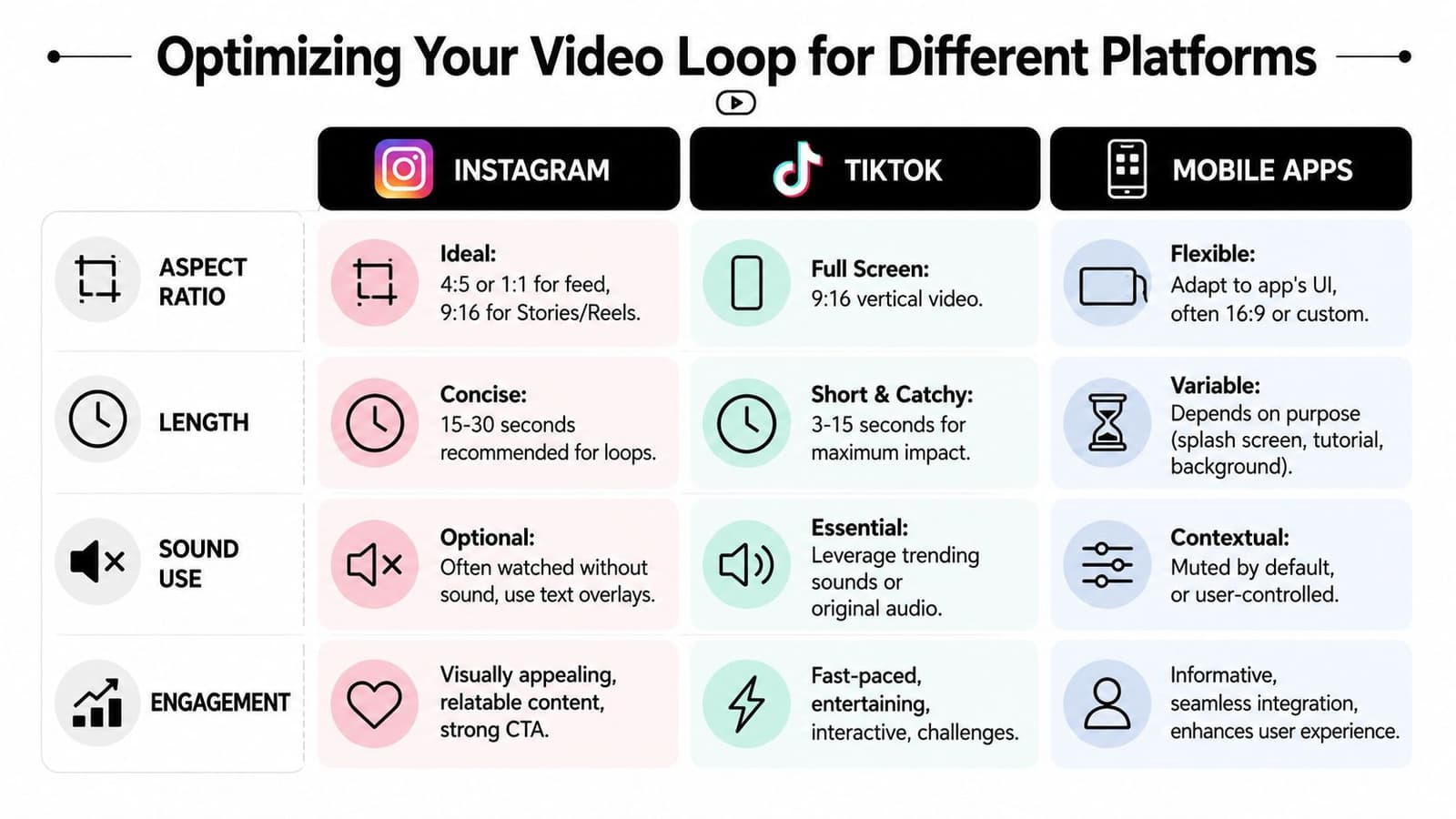 A table comparing video loop optimization guidelines for Instagram, TikTok, and mobile apps across different criteria.