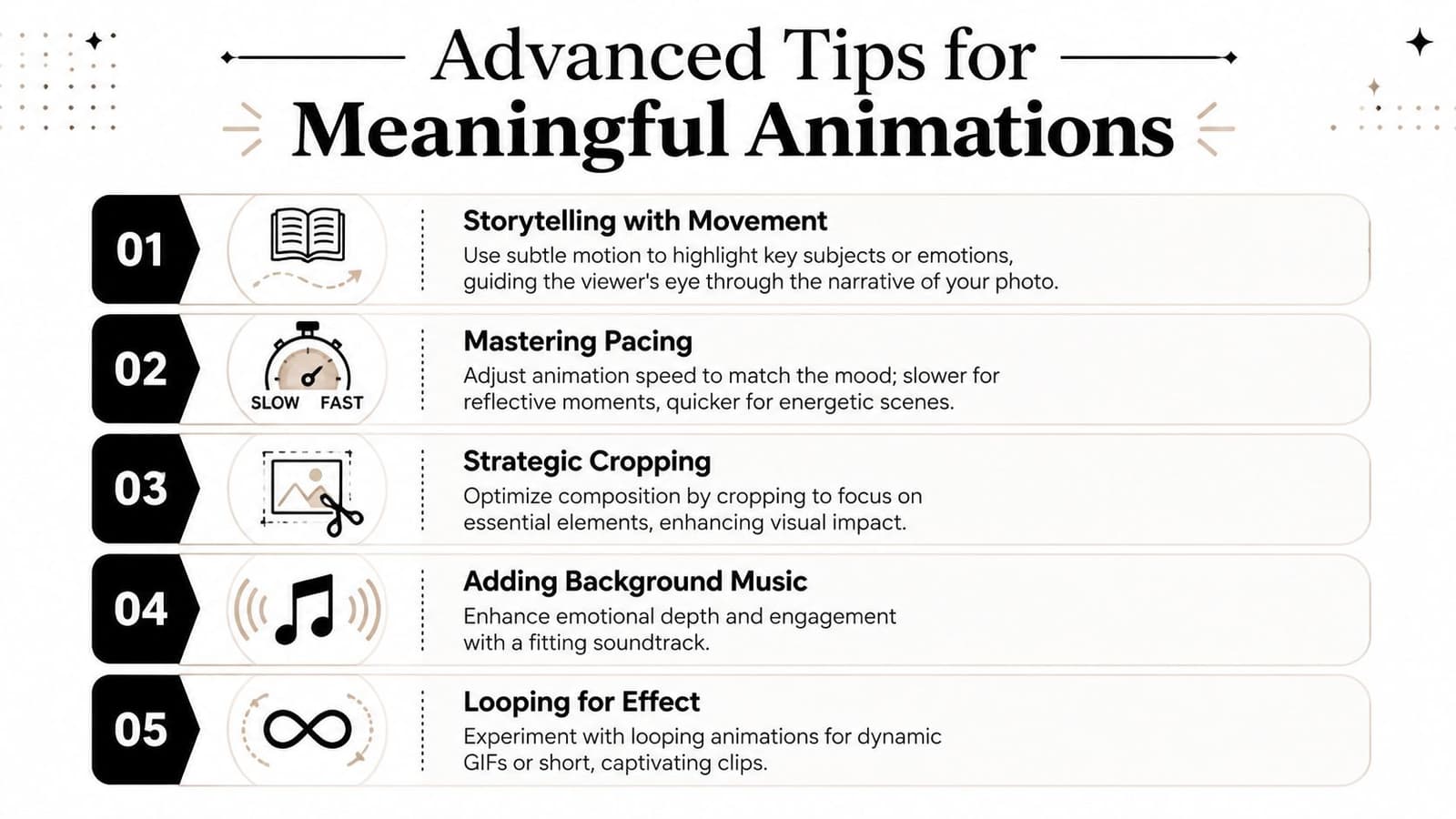 A list of five advanced tips for creating meaningful photo animations displayed on an infographic.