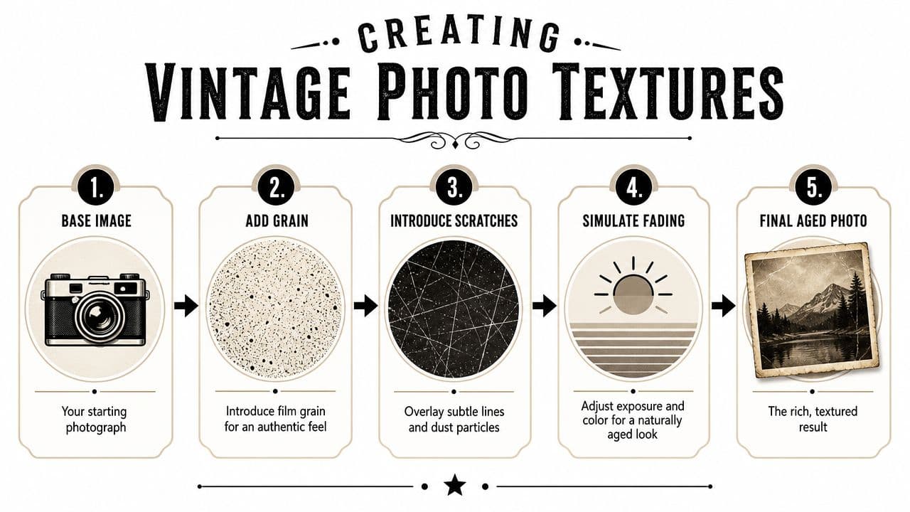 A five-step infographic guide illustrating the process of creating vintage photo textures for digital photography.