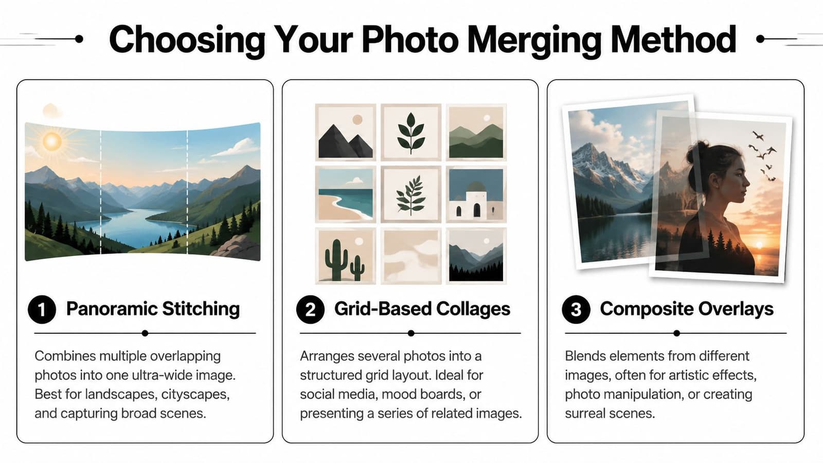 A graphic illustration explaining three different methods to merge photos into one, including stitching, collages, and overlays.