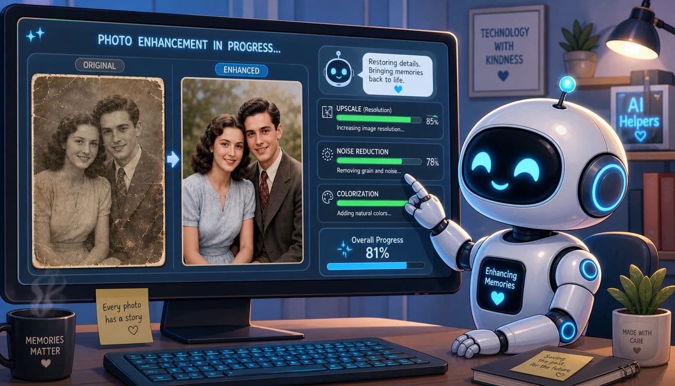 A friendly AI robot works on a computer screen, restoring and colorizing an old vintage couple photo.