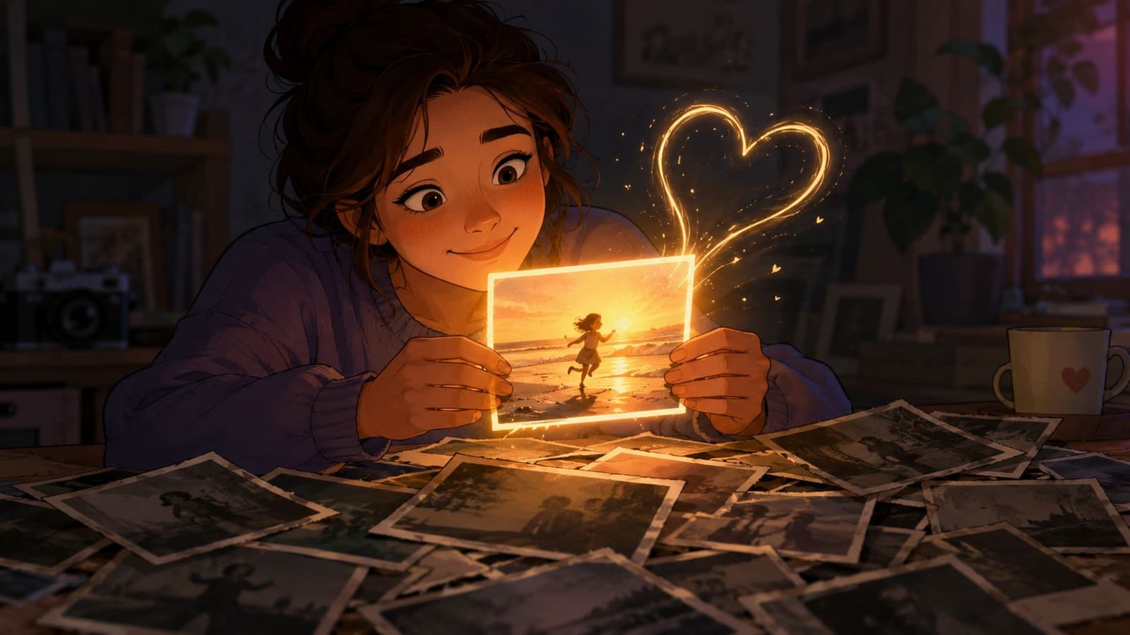 A woman smiles while holding a glowing photograph of a young girl running on a beach.