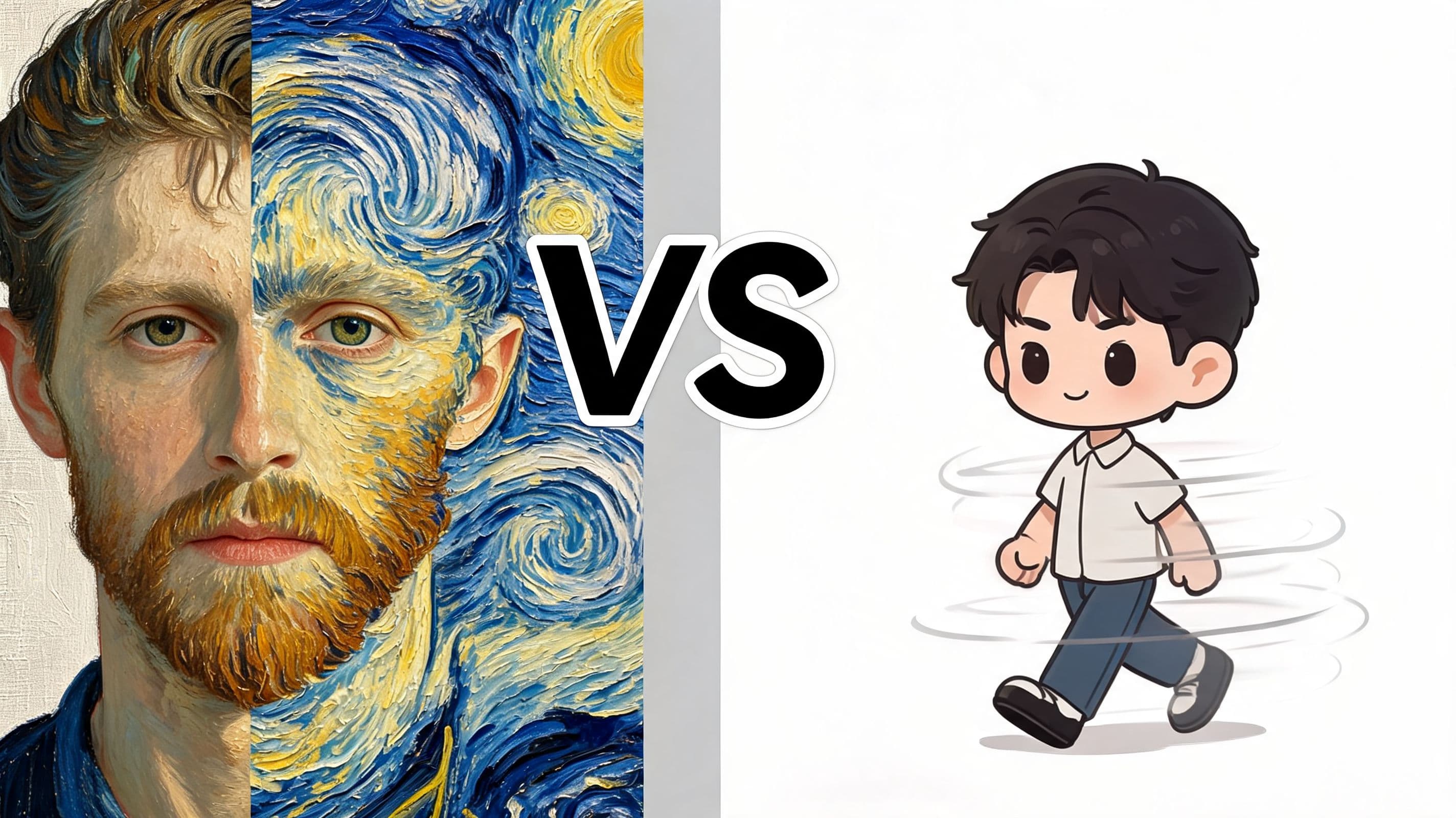 A split screen comparing a realistic Vincent van Gogh portrait with a cute chibi anime character.