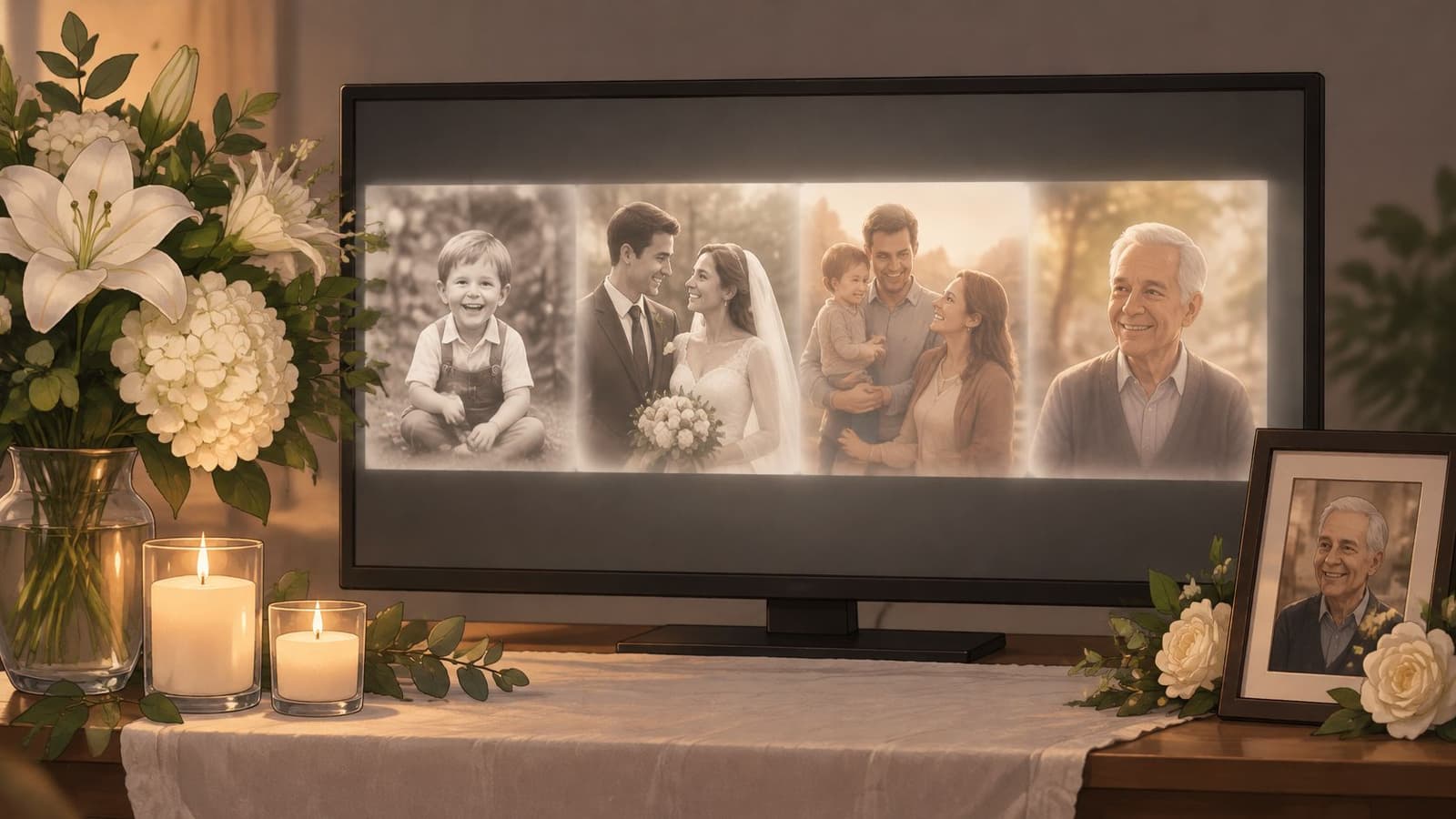 A digital screen displaying a collection of family photos arranged as a memorial tribute with candles and flowers.