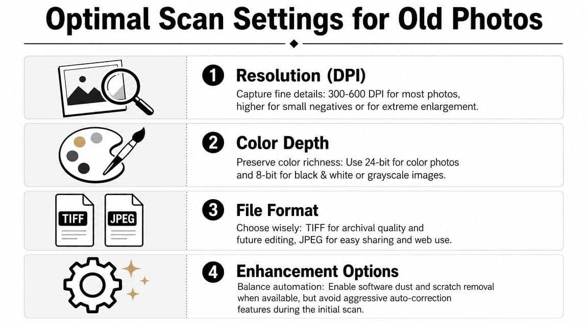A guide listing optimal scan settings for old photos including resolution, color depth, format, and enhancement options.