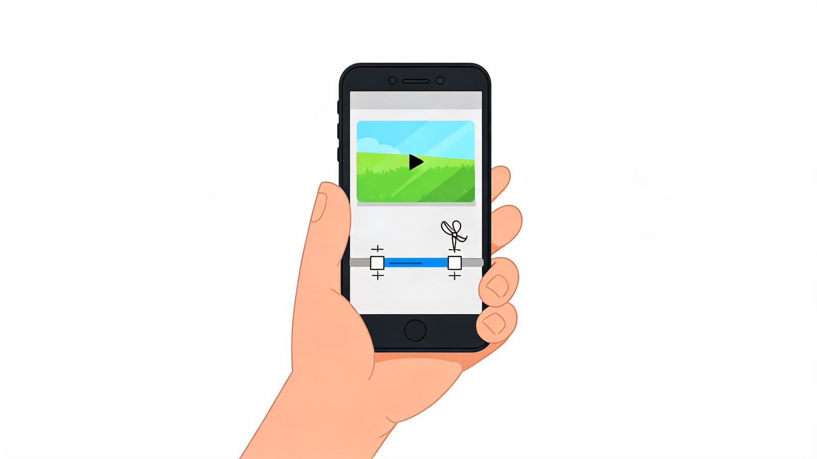 A hand holding a smartphone showing a video editing app interface with a trimming tool selected.