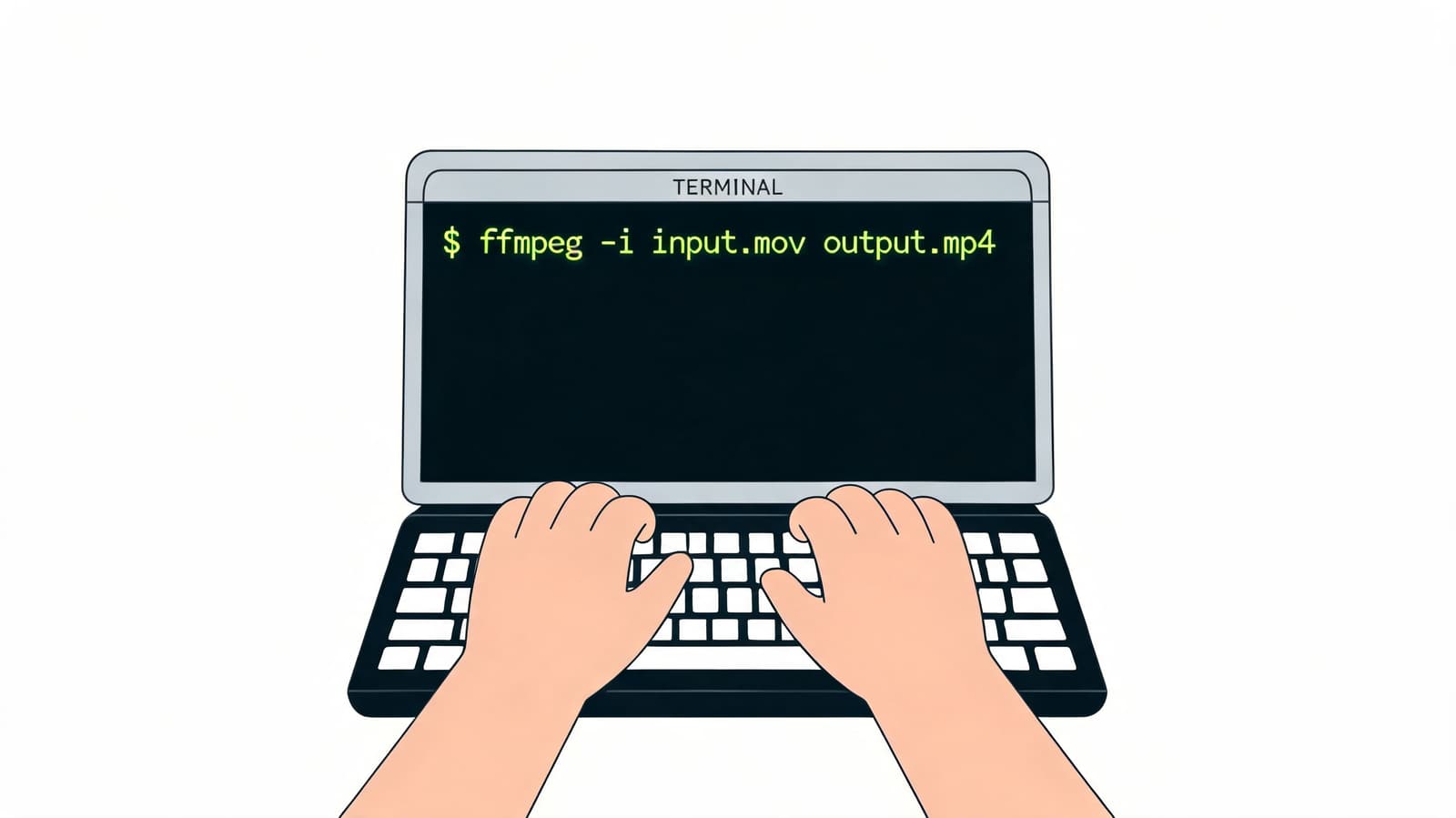 A pair of hands typing an ffmpeg command on a laptop keyboard to convert video files.
