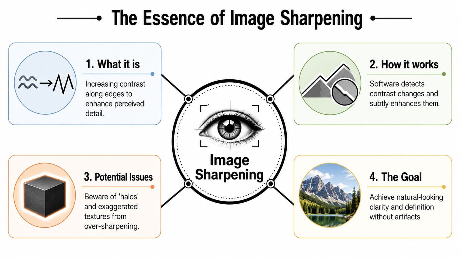An infographic explaining image sharpening, including its definition, working mechanism, potential issues, and the primary goal.