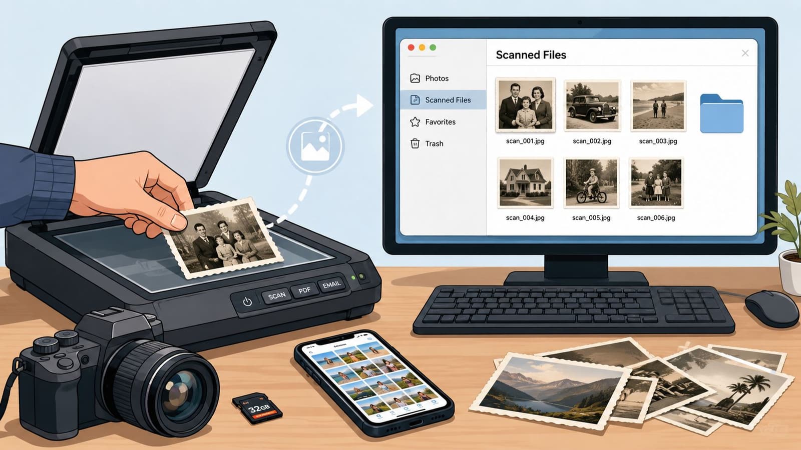 A flatlay of a digital photo scanner, a computer monitor displaying scanned images, and vintage photos on desk.