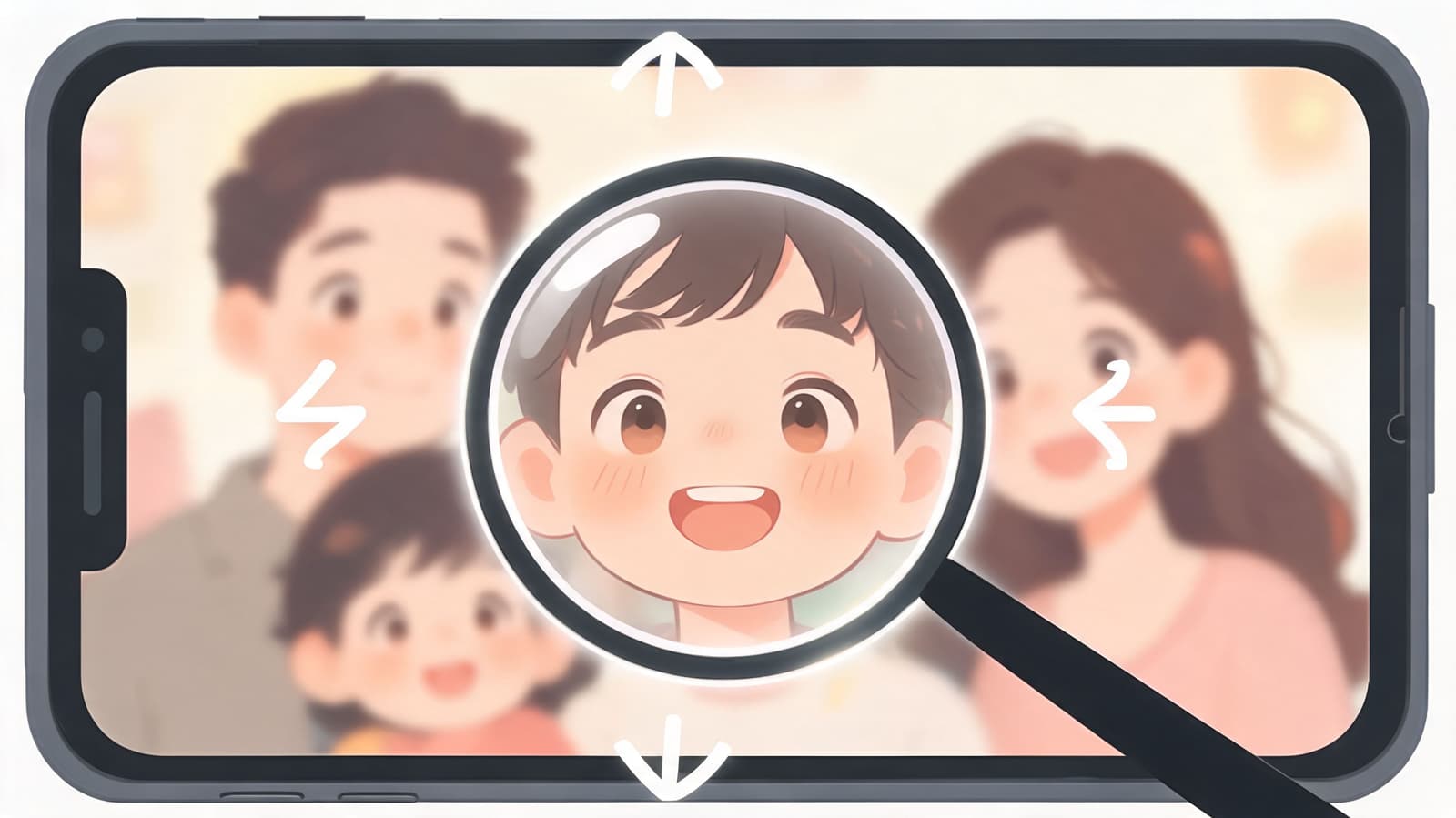 A digital tablet displaying a family photo with a magnifying glass focusing on the child's face.