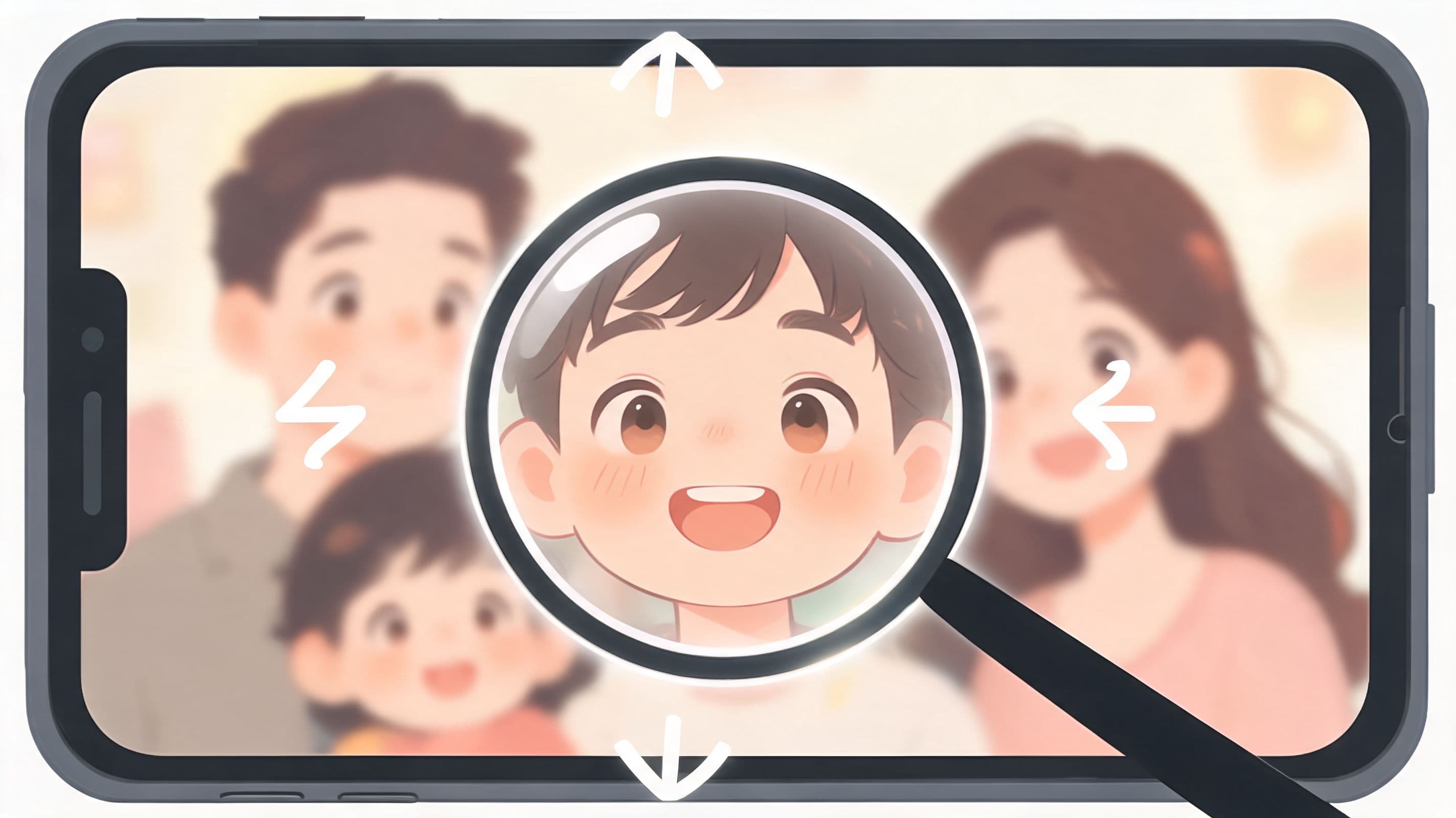 A digital tablet displaying a family photo with a magnifying glass focusing on the child's face.