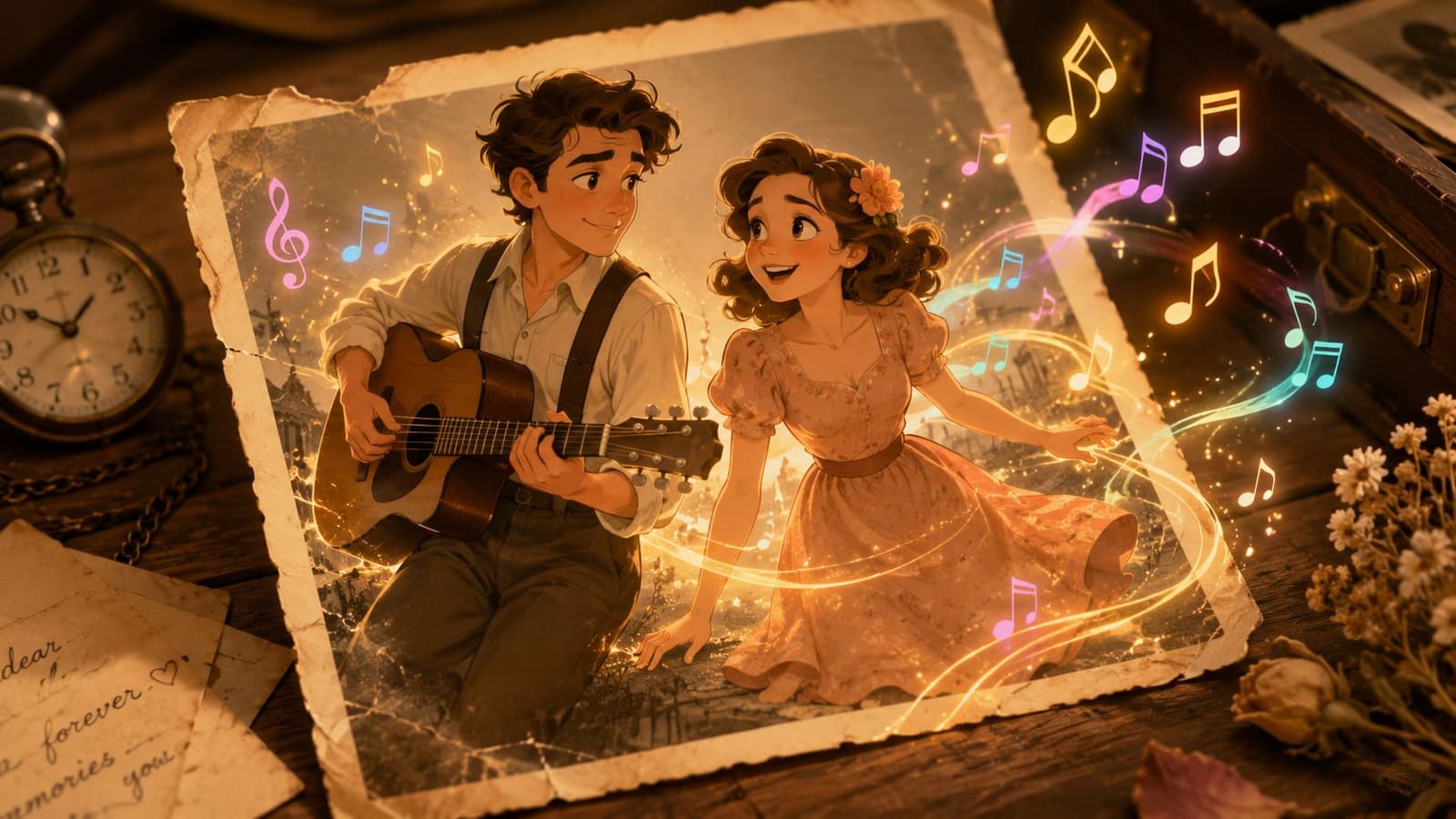 A nostalgic photograph of a couple with the man playing guitar surrounded by glowing musical notes.