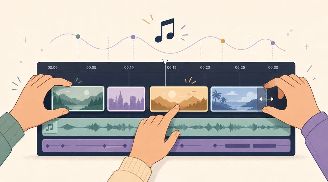A digital illustration showing hands editing a video compilation on a timeline with music tracks.