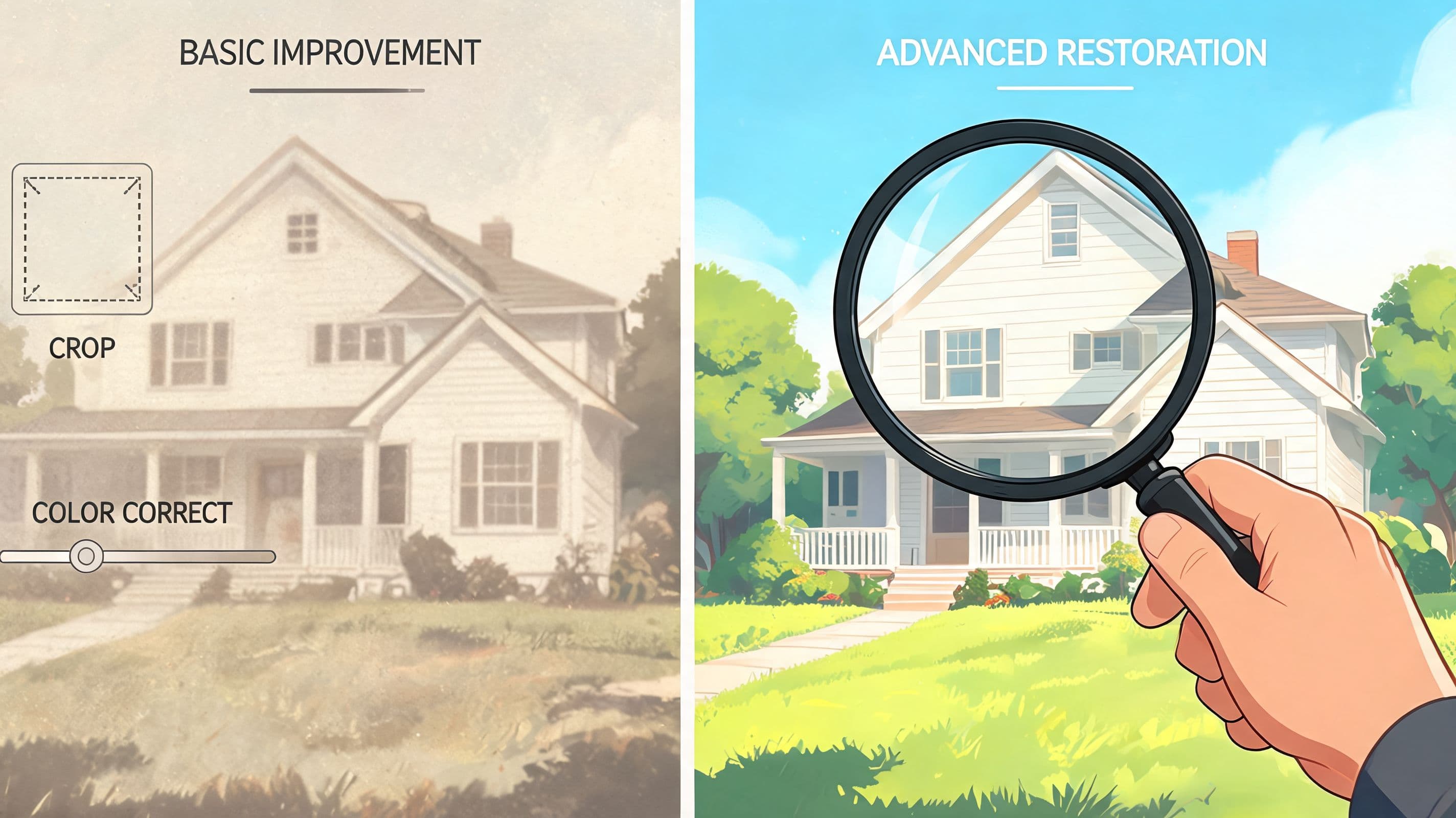 A split-screen comparison showing basic photo editing tools versus advanced digital restoration of an old house photo.