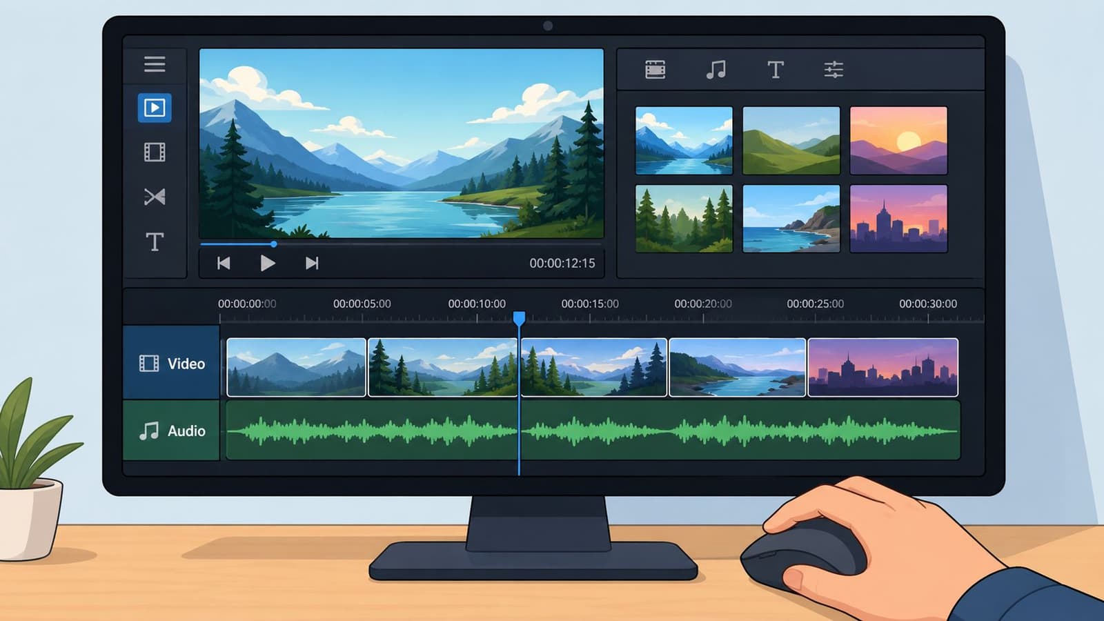 A digital illustration of a computer monitor displaying a professional video editing software interface with timelines.