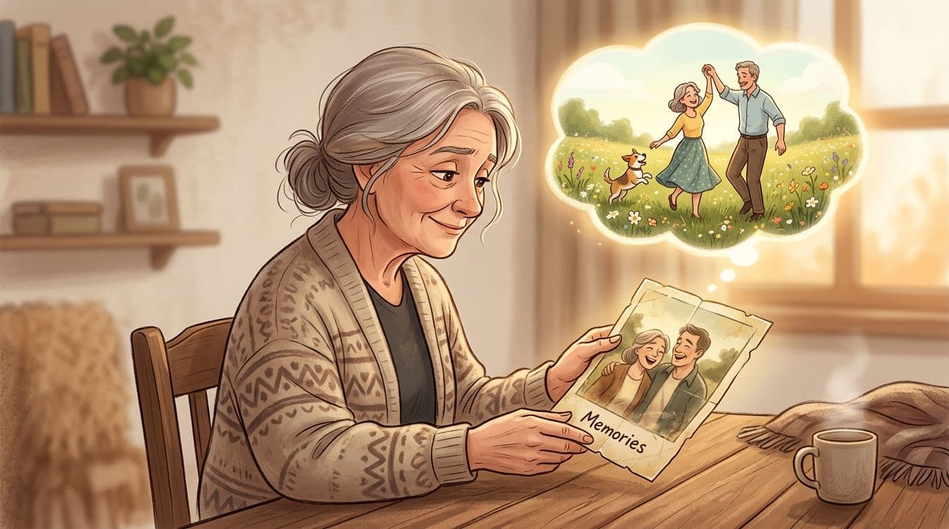 An elderly woman smiling while looking at an old photograph and reminiscing about a happy memory.