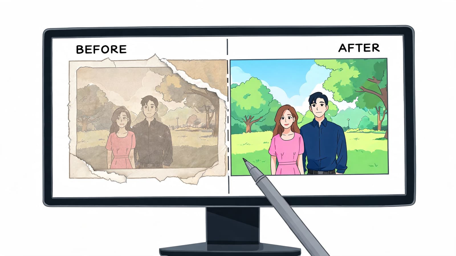 A digital screen showing a before and after comparison of an old photo being restored to vibrant color.
