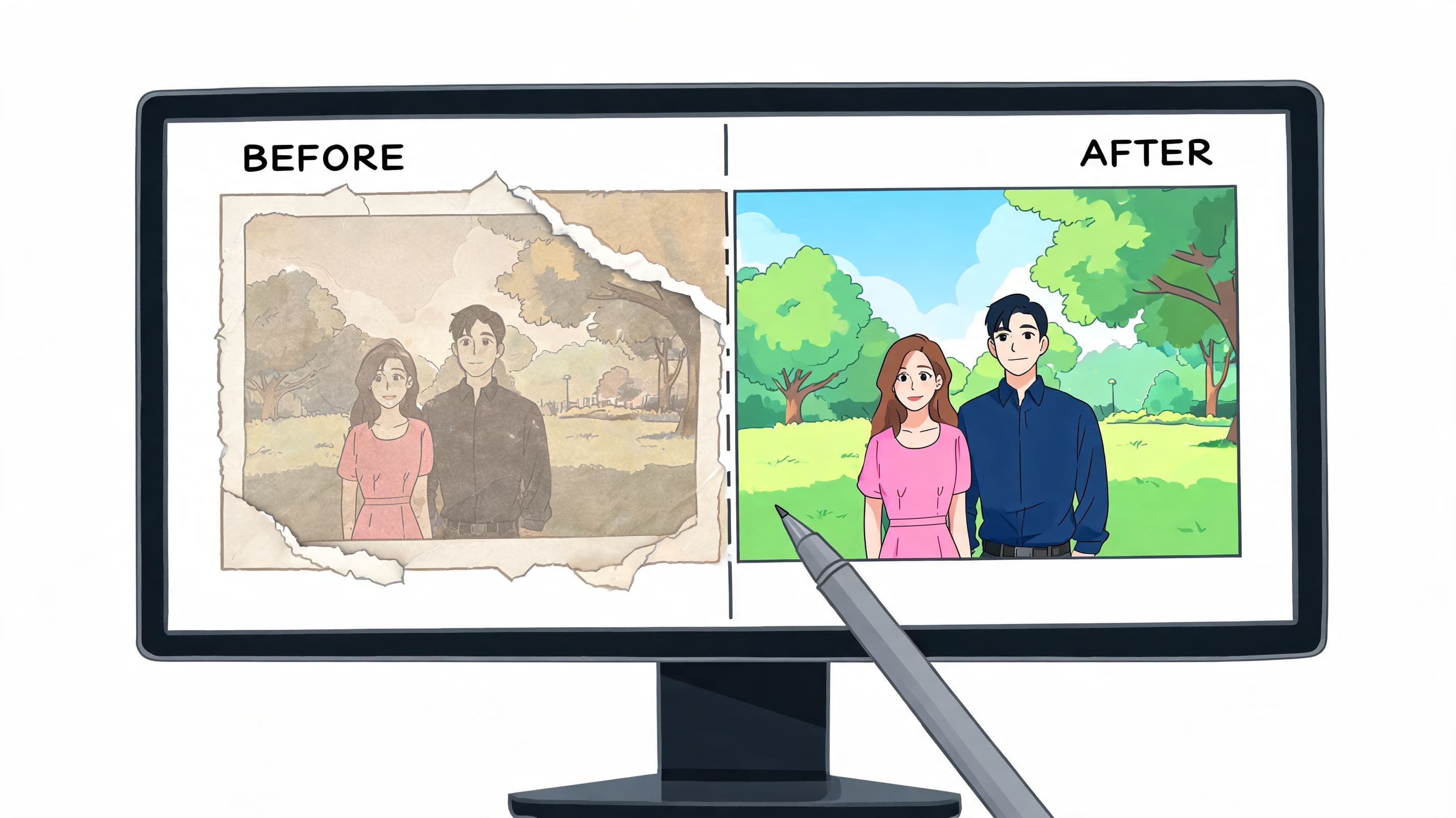 A digital screen showing a before and after comparison of an old photo being restored to vibrant color.