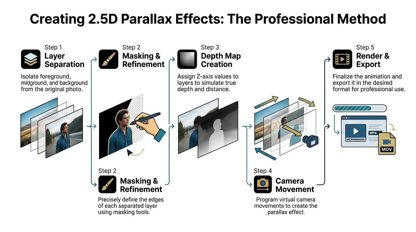 A five-step infographic showing the professional workflow for creating 2.5D parallax effects from a still photograph.