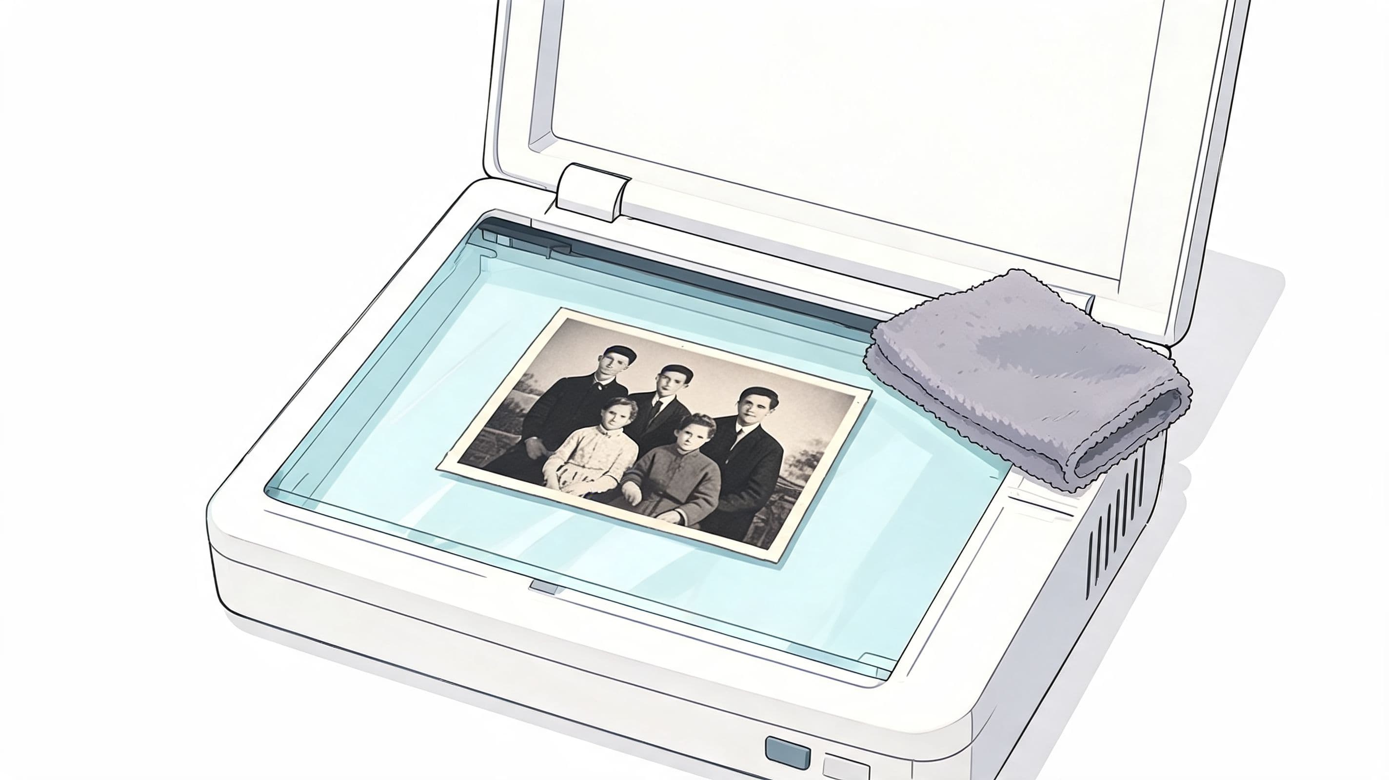 An old black and white family photograph placed on a flatbed scanner with a gray cleaning cloth.