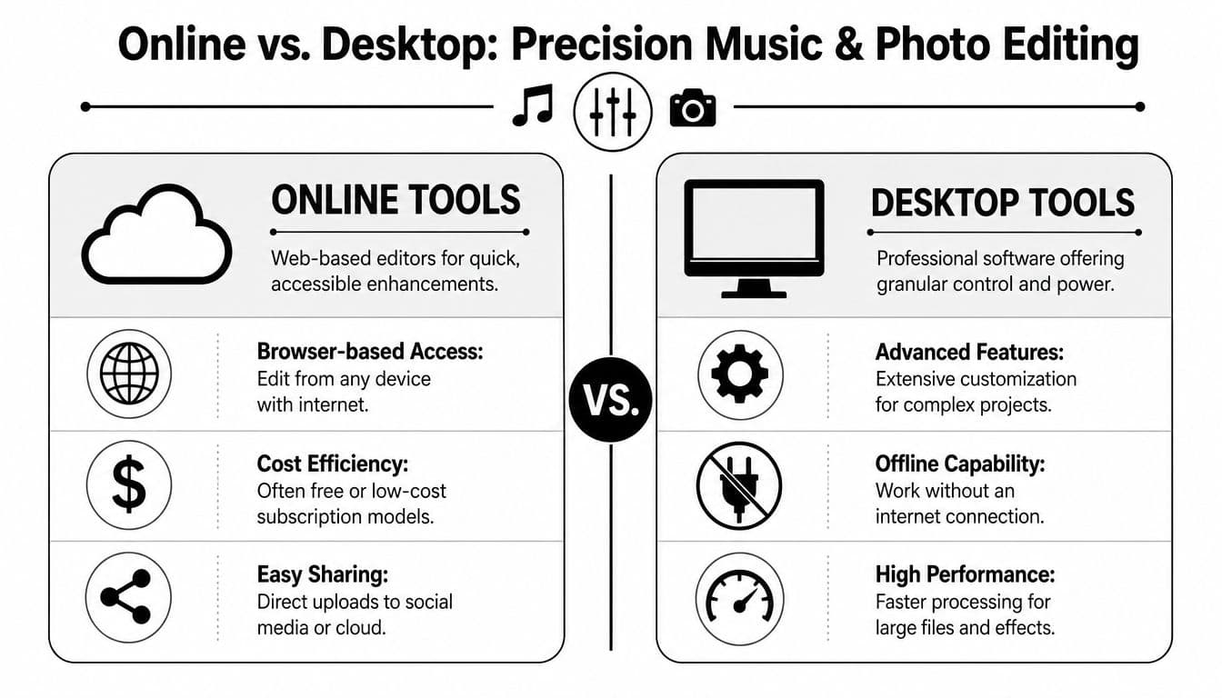 A comparison chart outlining the pros and cons of using online web-based versus professional desktop editing software.