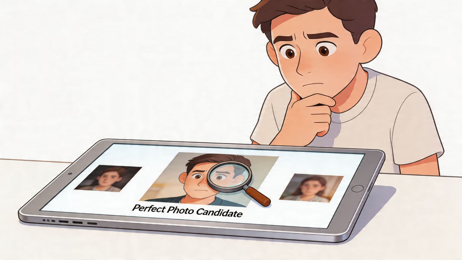 A young boy looking closely at a tablet screen displaying a photo under a magnifying glass.