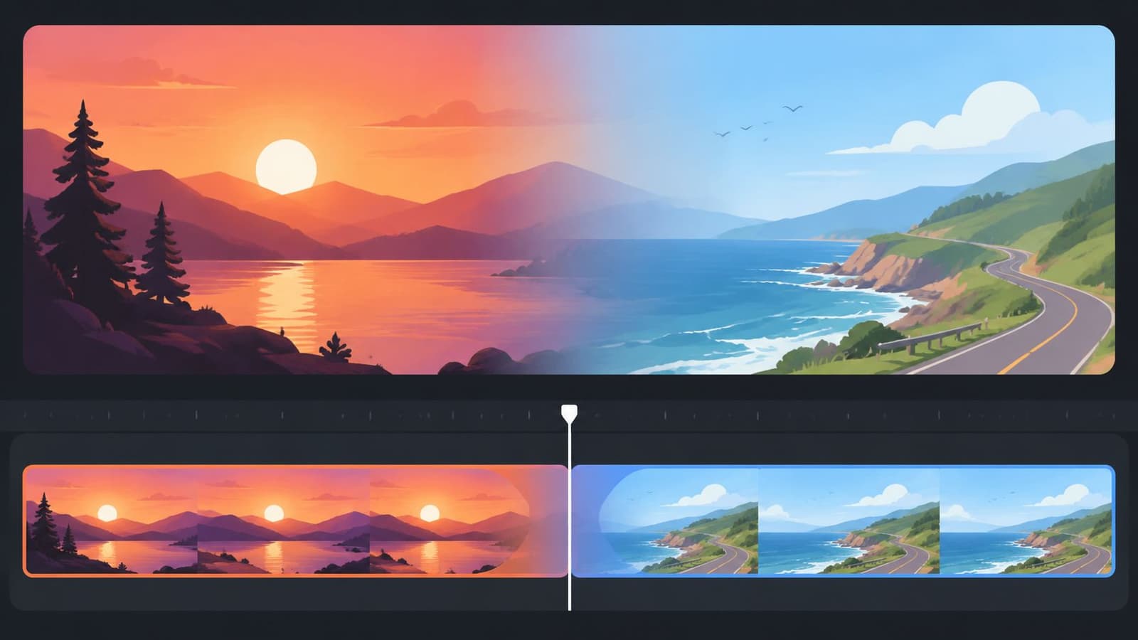 A digital graphic showing a transition between a sunset landscape and a scenic coastal road scene.