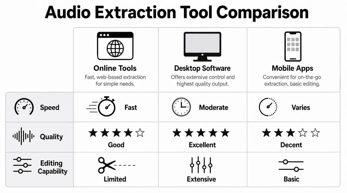 A comparison table showcasing the pros and cons of online tools, desktop software, and mobile apps for audio extraction.