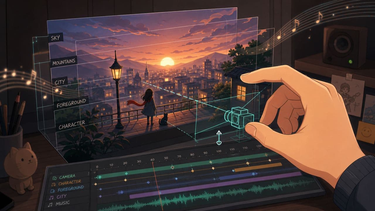A digital artist uses a virtual interface to adjust 3D layers of an anime-style sunset cityscape.