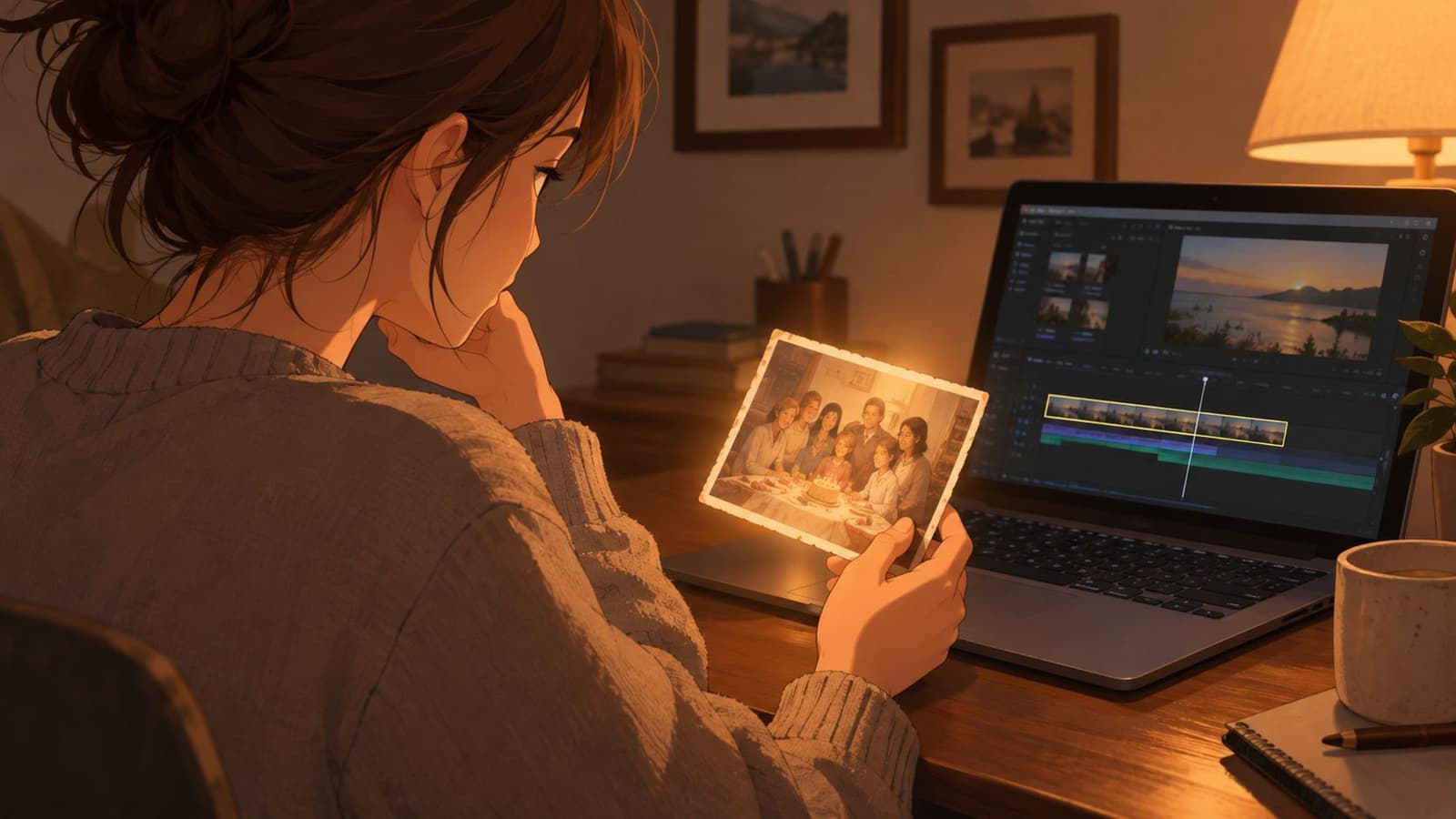 A woman looks at a vintage family photograph while editing videos on her laptop at home.