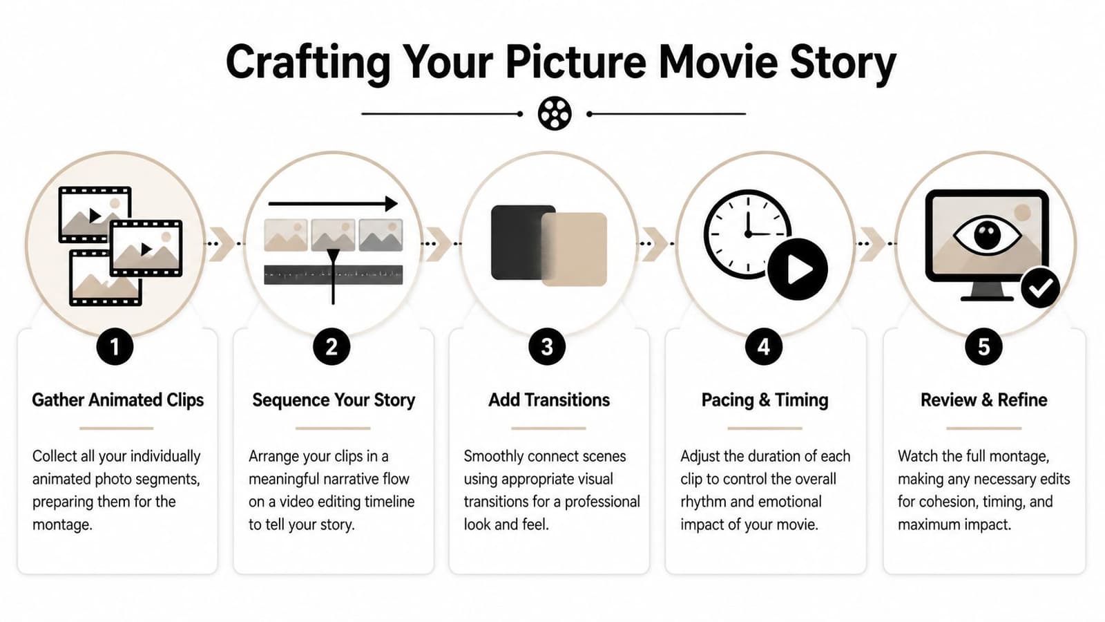A five-step infographic showing the process of creating a picture movie from gathering clips to final review.