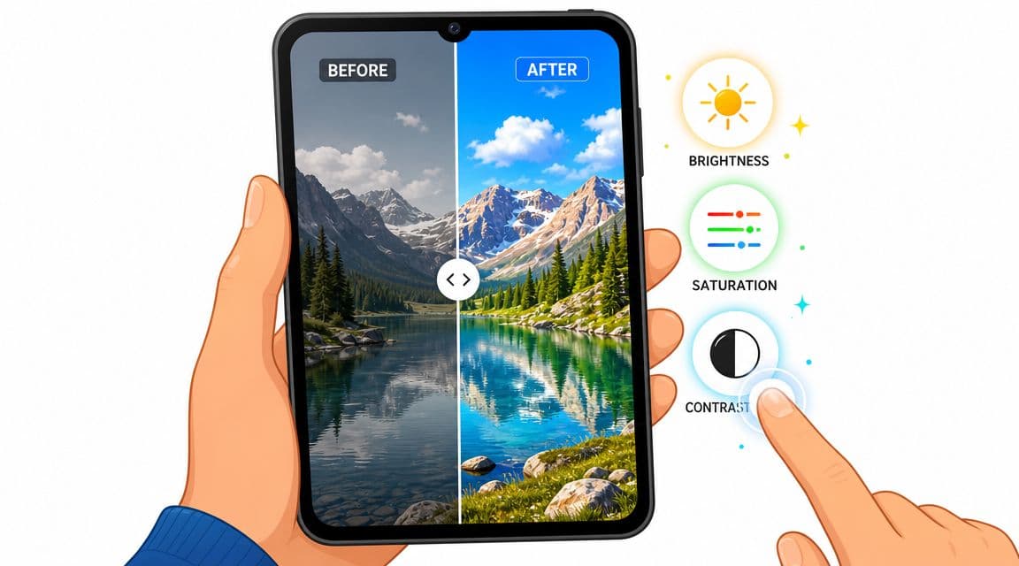 A hand editing a photo on a tablet screen showing a before and after comparison of landscape colors.