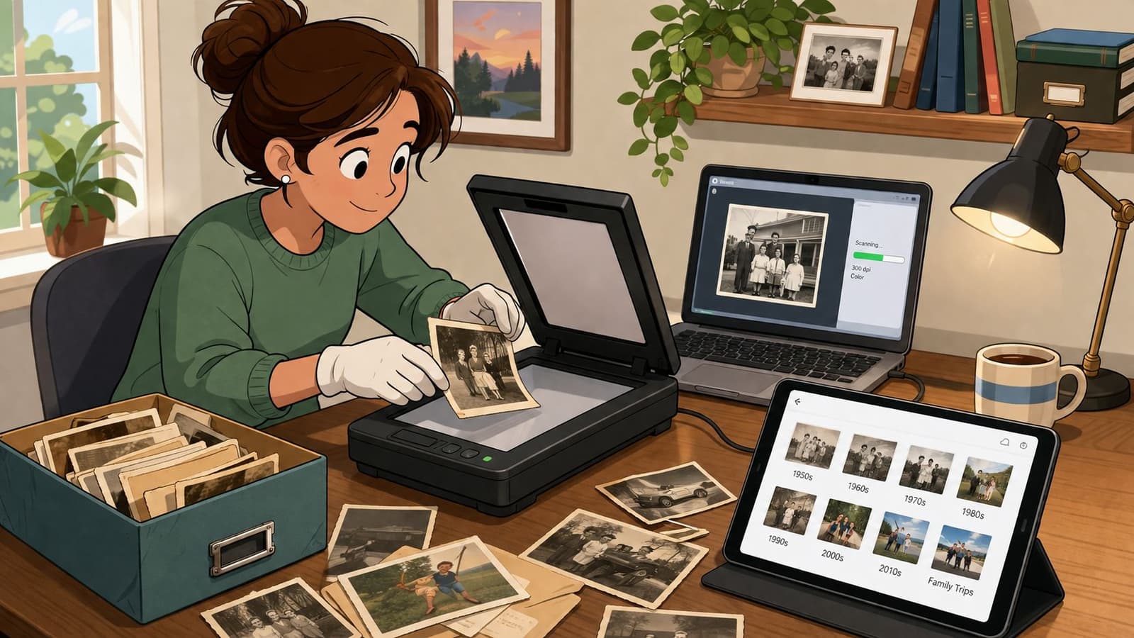 A woman wearing gloves digitizing old family photographs using a flatbed scanner connected to a laptop.