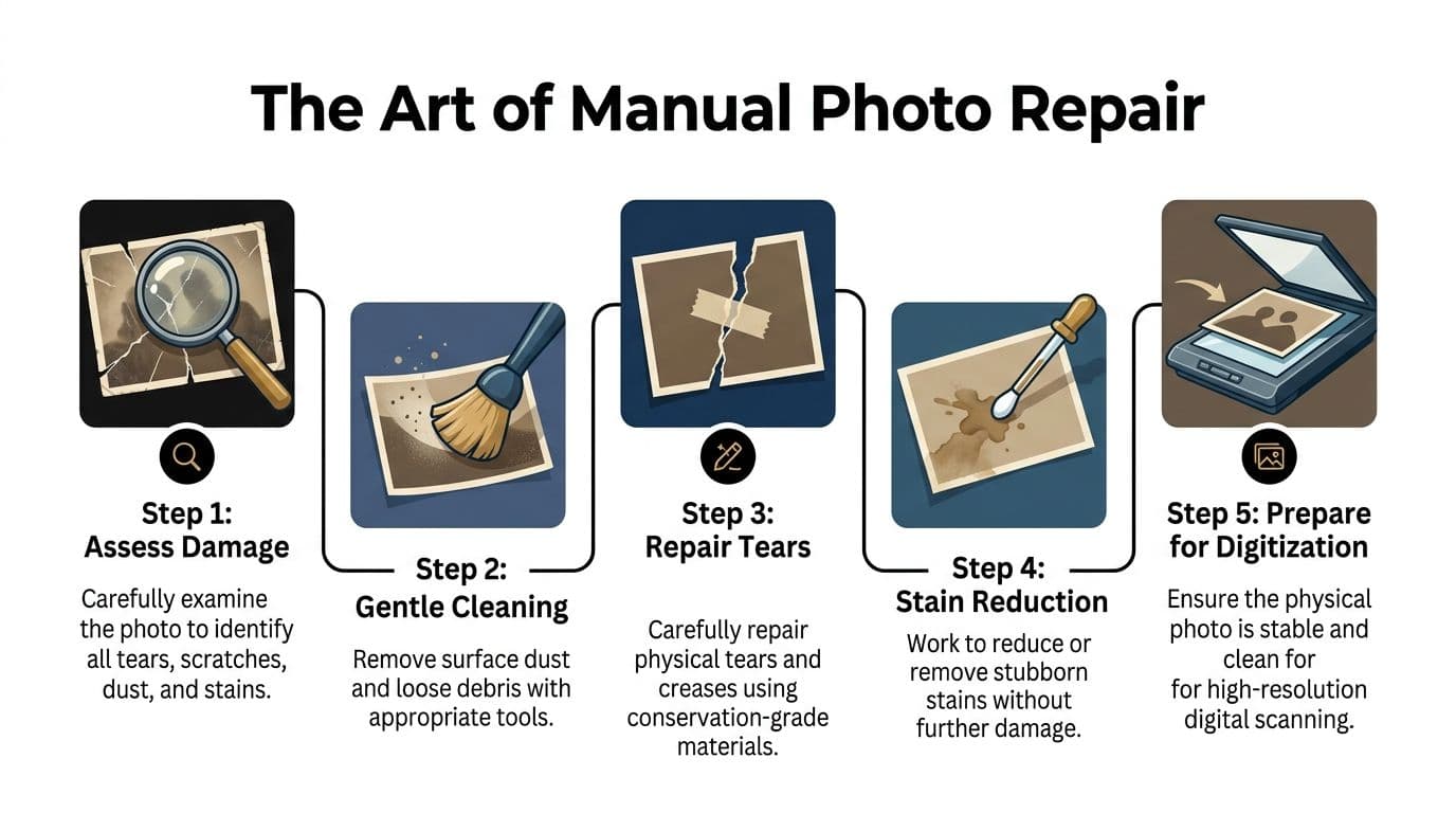 An infographic showing five steps for manual photo repair, including assessment, cleaning, repair, stain reduction, and digitization.