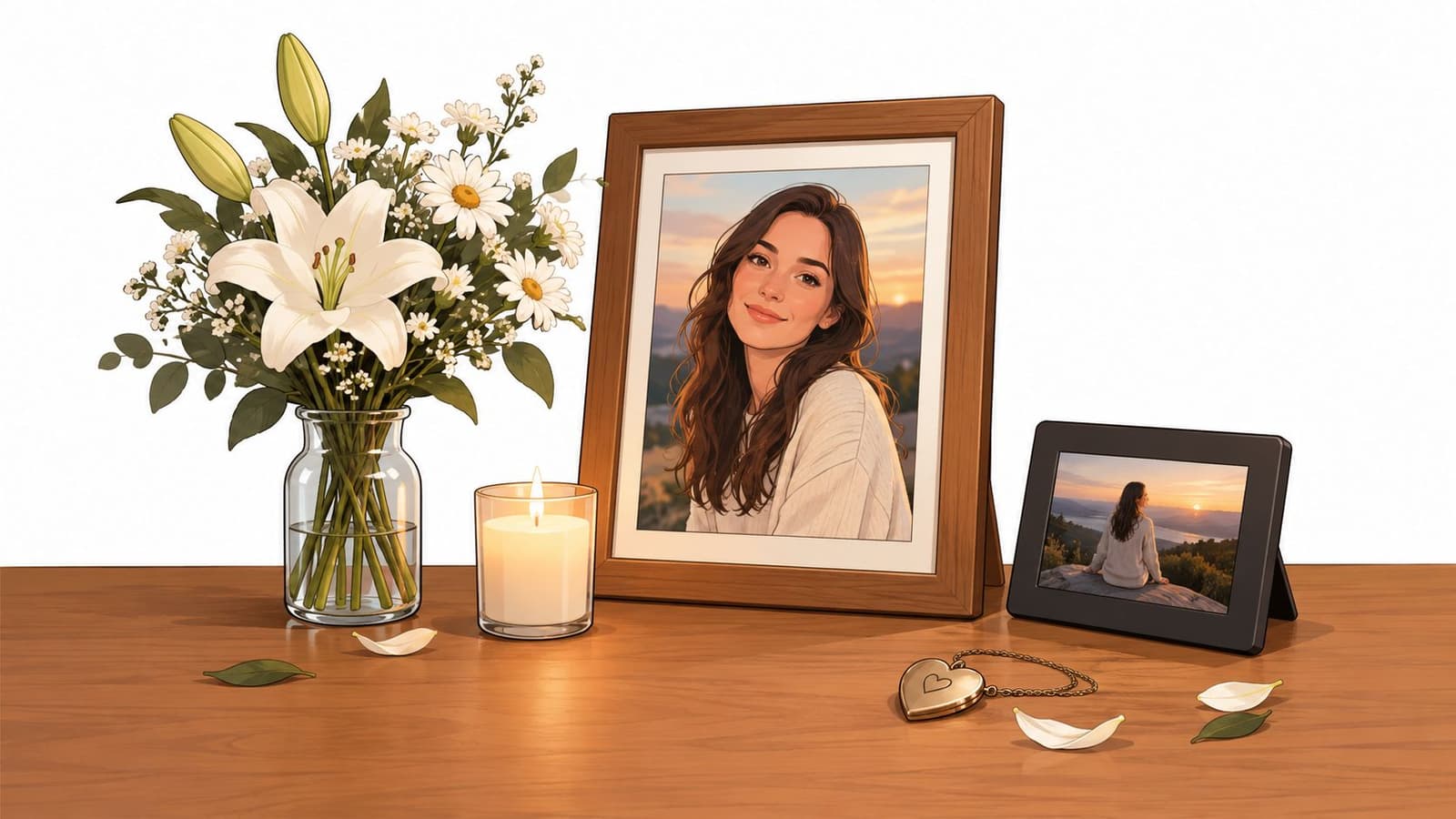 A wooden memorial frame with a woman's portrait, a candle, a photo frame, and white lilies.