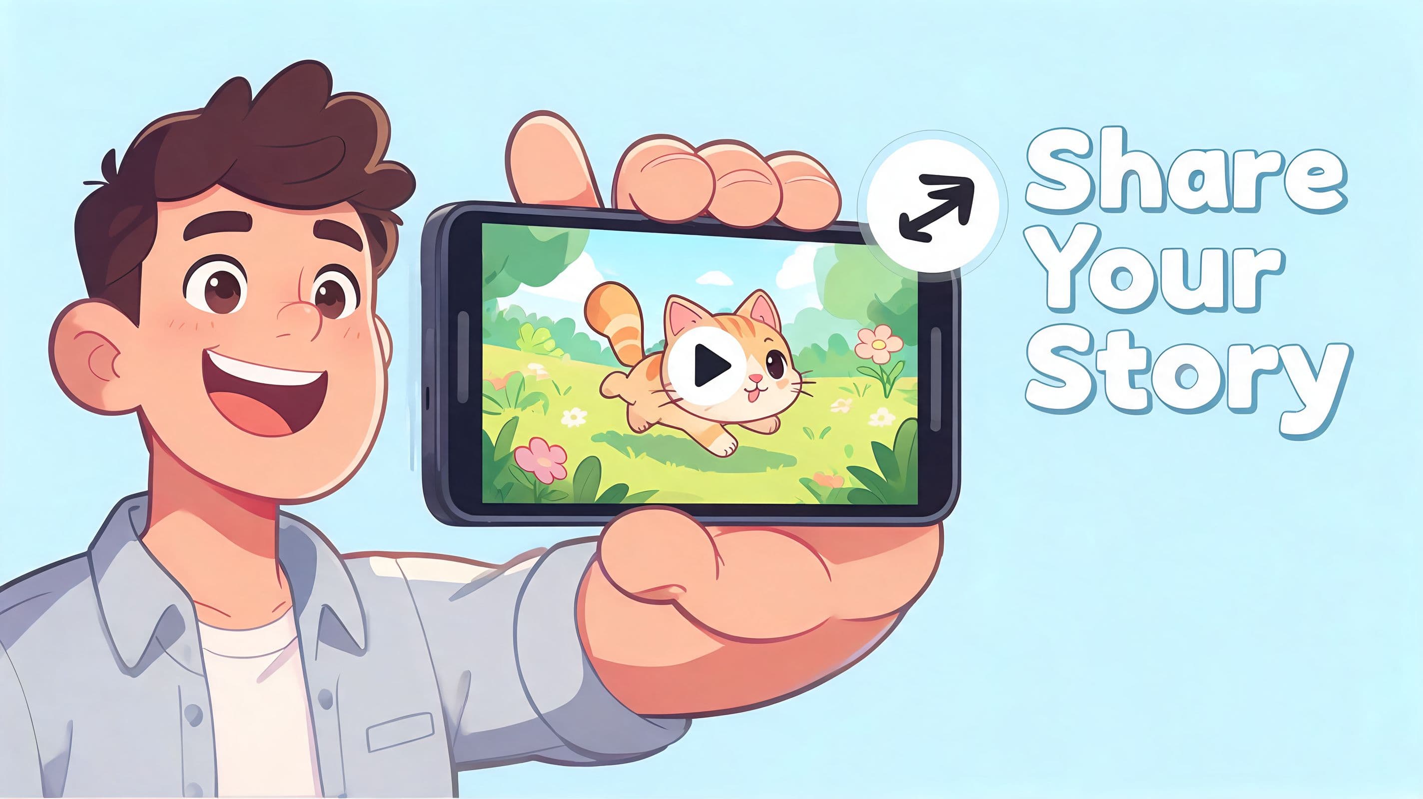 A friendly cartoon boy holding a smartphone showing an animated cat on the screen, promoting video content.