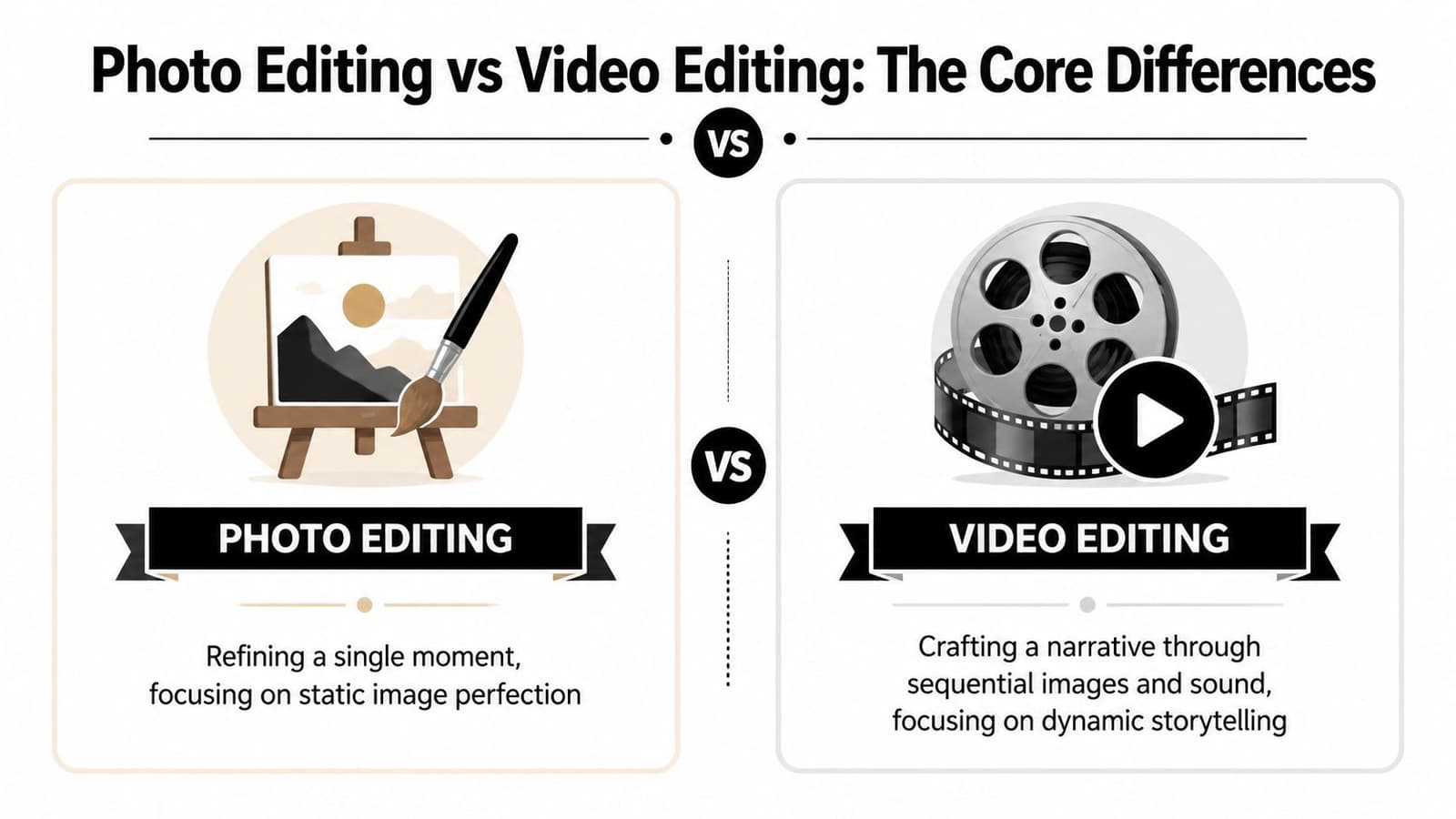 A comparison infographic showing the core differences between static photo editing and dynamic video storytelling.