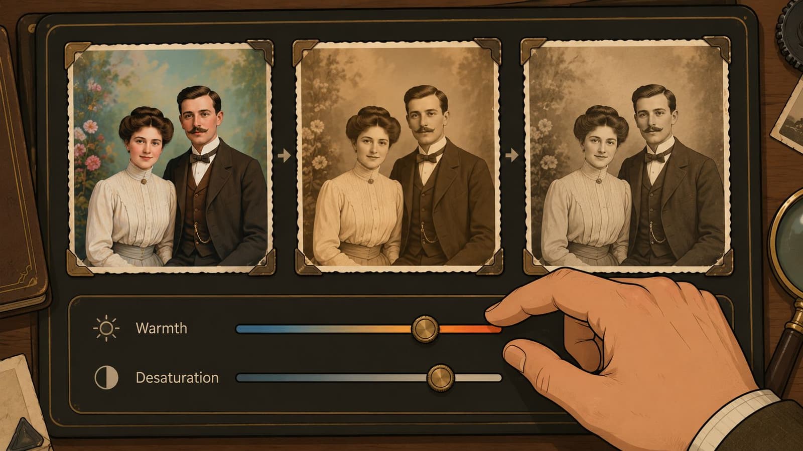 A hand adjusts digital sliders to apply vintage photo effects on a portrait of a Victorian couple.