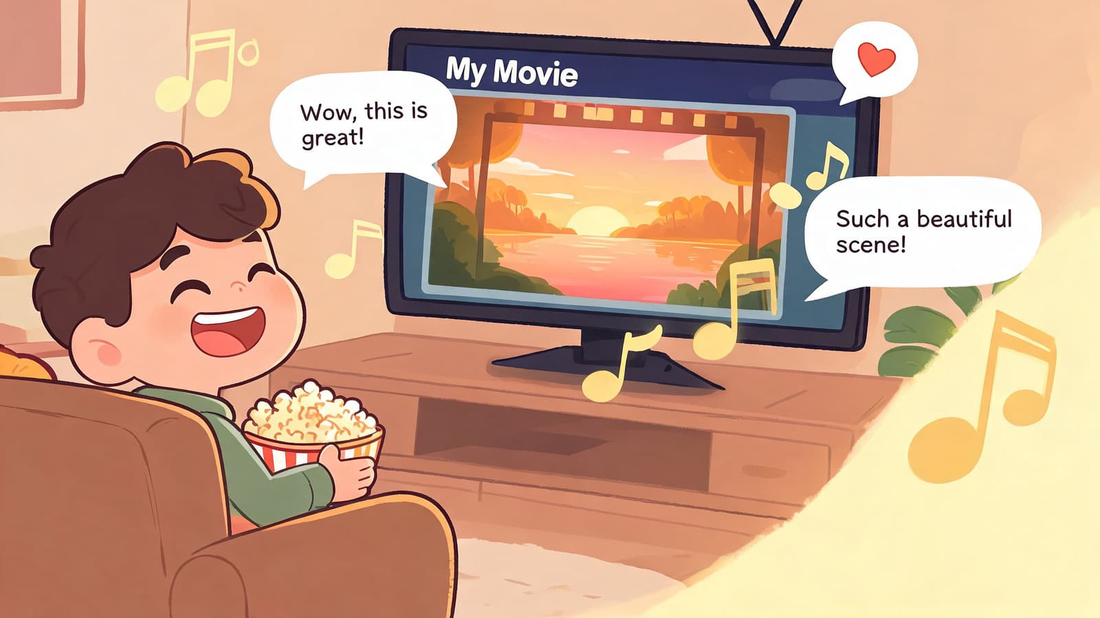 A happy young boy sitting on a couch watching a beautiful animated movie on television with popcorn.