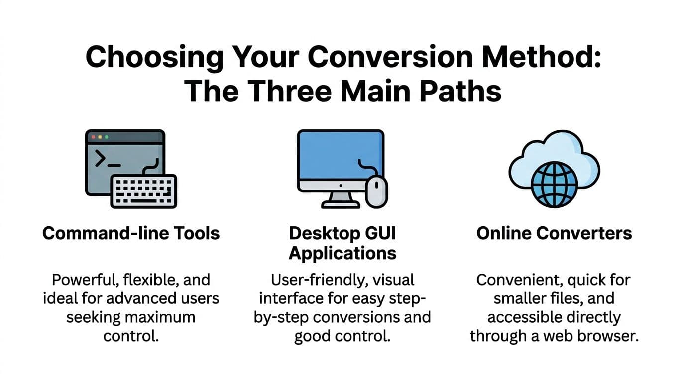 A diagram comparing three methods for file conversion: command-line tools, desktop GUI applications, and online converters.