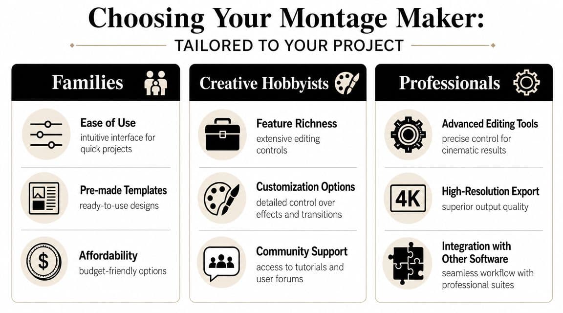 A comparison chart showing features of montage makers tailored for families, creative hobbyists, and professional video editors.
