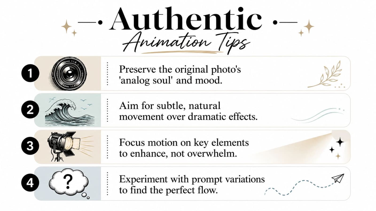 A list of four animation tips for creating authentic motion effects in photographs, presented with illustrated icons.