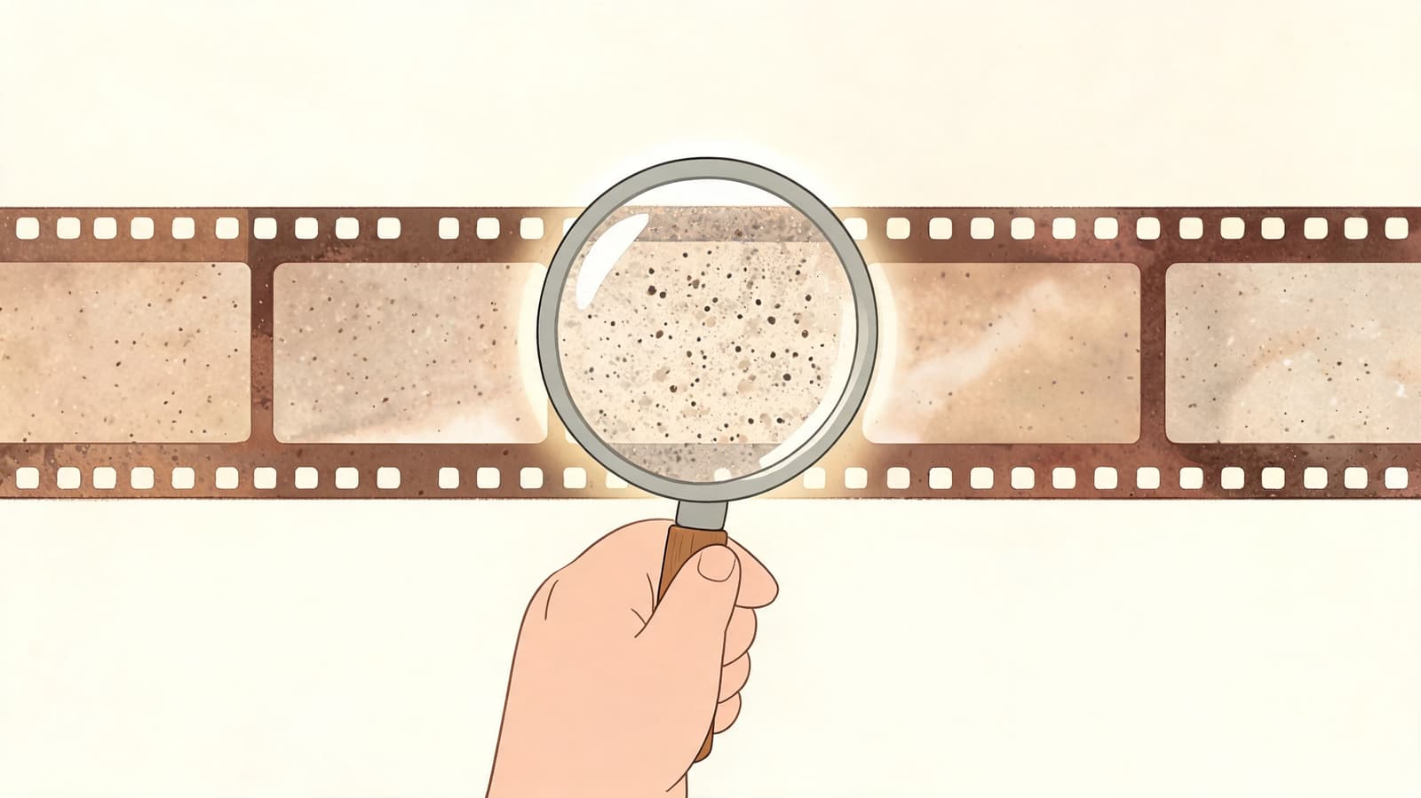A hand holding a magnifying glass over a vintage film strip showing granular texture details.