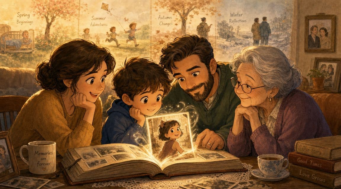 A family looking at a magical, glowing photo album showing a young child in a heartwarming scene.