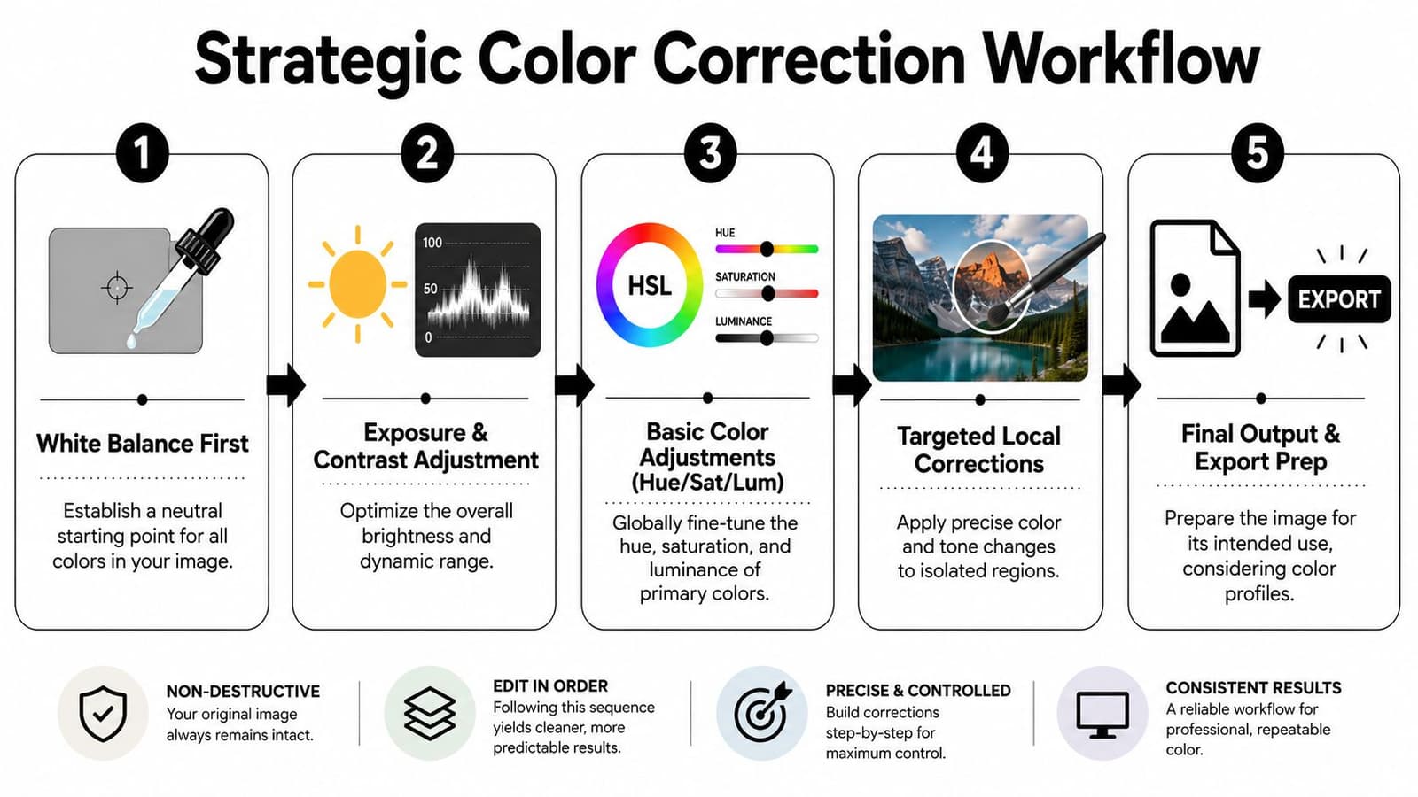 An infographic showing a five-step strategic color correction workflow for professional image editing and digital enhancement.