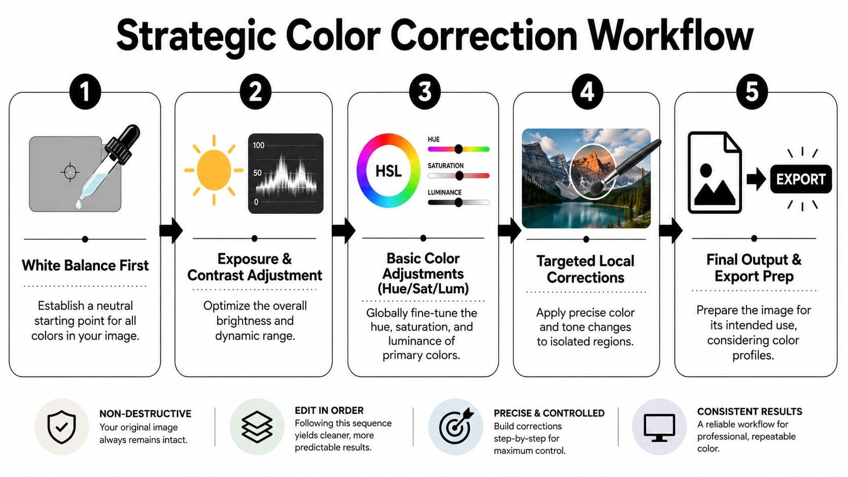 An infographic showing a five-step strategic color correction workflow for professional image editing and digital enhancement.